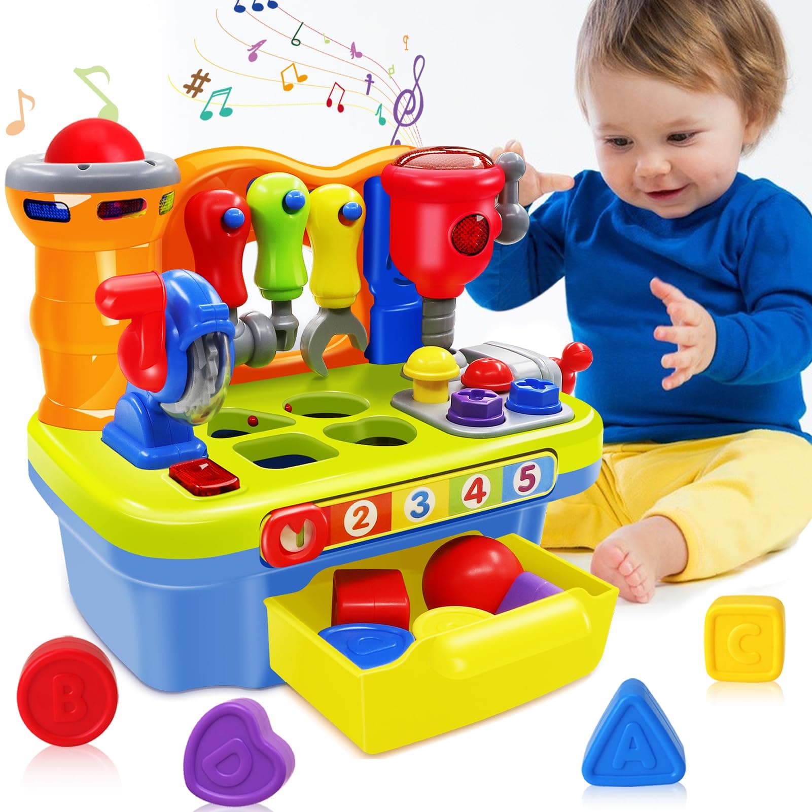 Baby Toys for 1 Year Old Boy Girl Musical Learning Workbench for 1 2 Year Old Boy Birthday Gift Early Educational Sound Shape Toddler Toys Age 1-2 Tool Set for Kids 12-18 Months