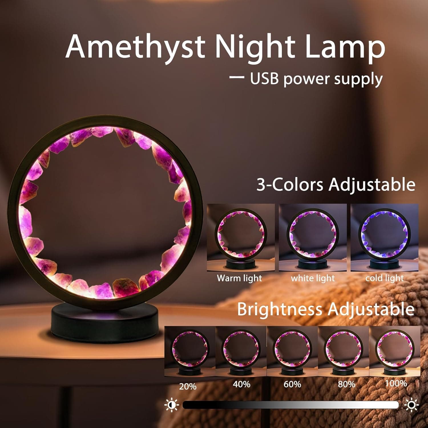 Runyangshi Amethyst Night Lamp 8.6" Natural Healing Crystal Bedside Lamp USB Port 3 Colours Dimming Mode Bedroom Lamp Suitable Night Light for Living Room Bedroom Office Home Decor Ideal Gift Amethyst Round - Image 4