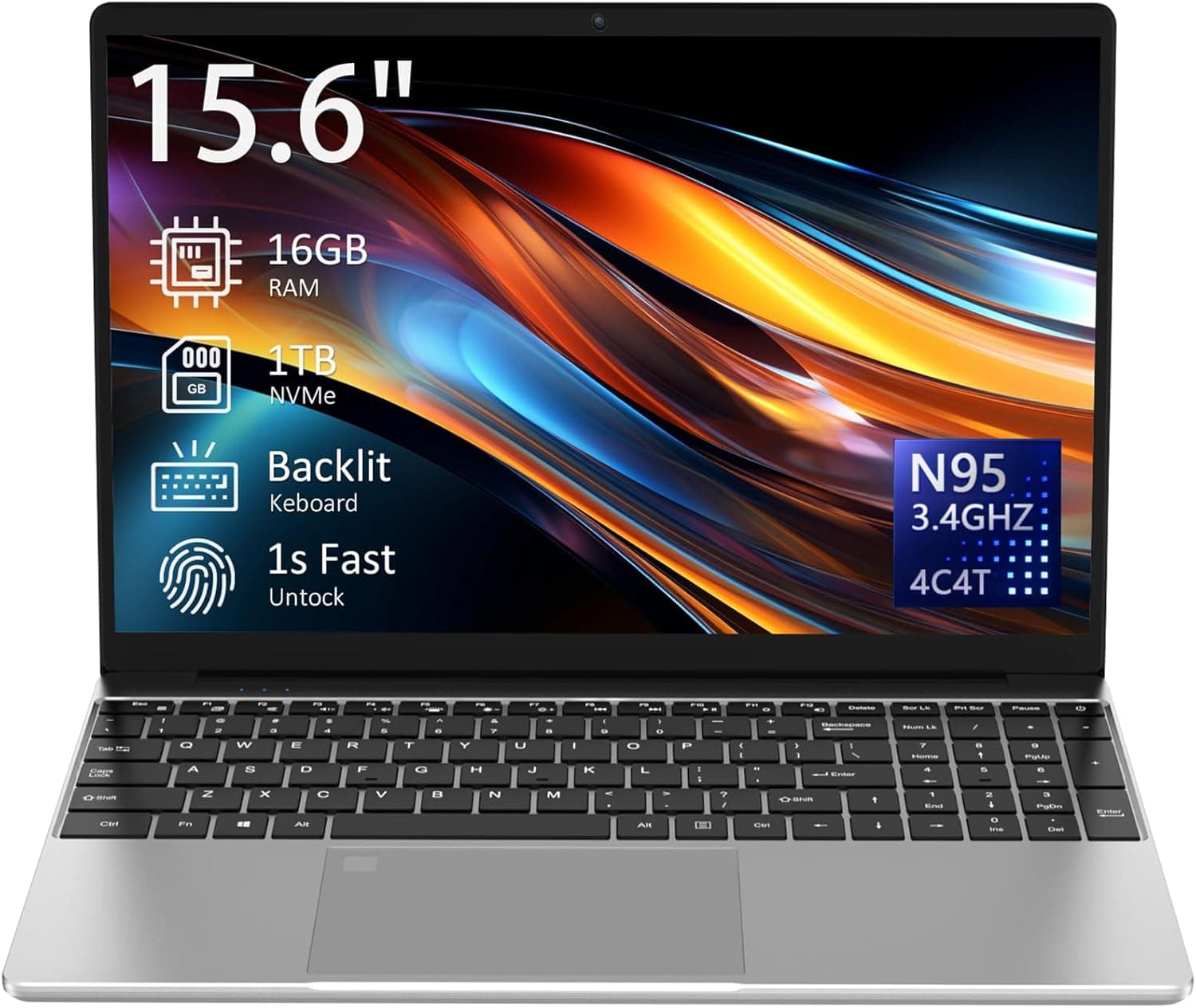 15.6" Laptop Computer Notebook, 4-Core N95 Processor, FHD Display, Backlit Keyboard, Fingerprint, Webcam, Bluetooth, WiFi, Win 11 Pro, 10TB Upgradeable, T152A, 16GB RAM, 1TB NVMe SSD, Silver - Image 2