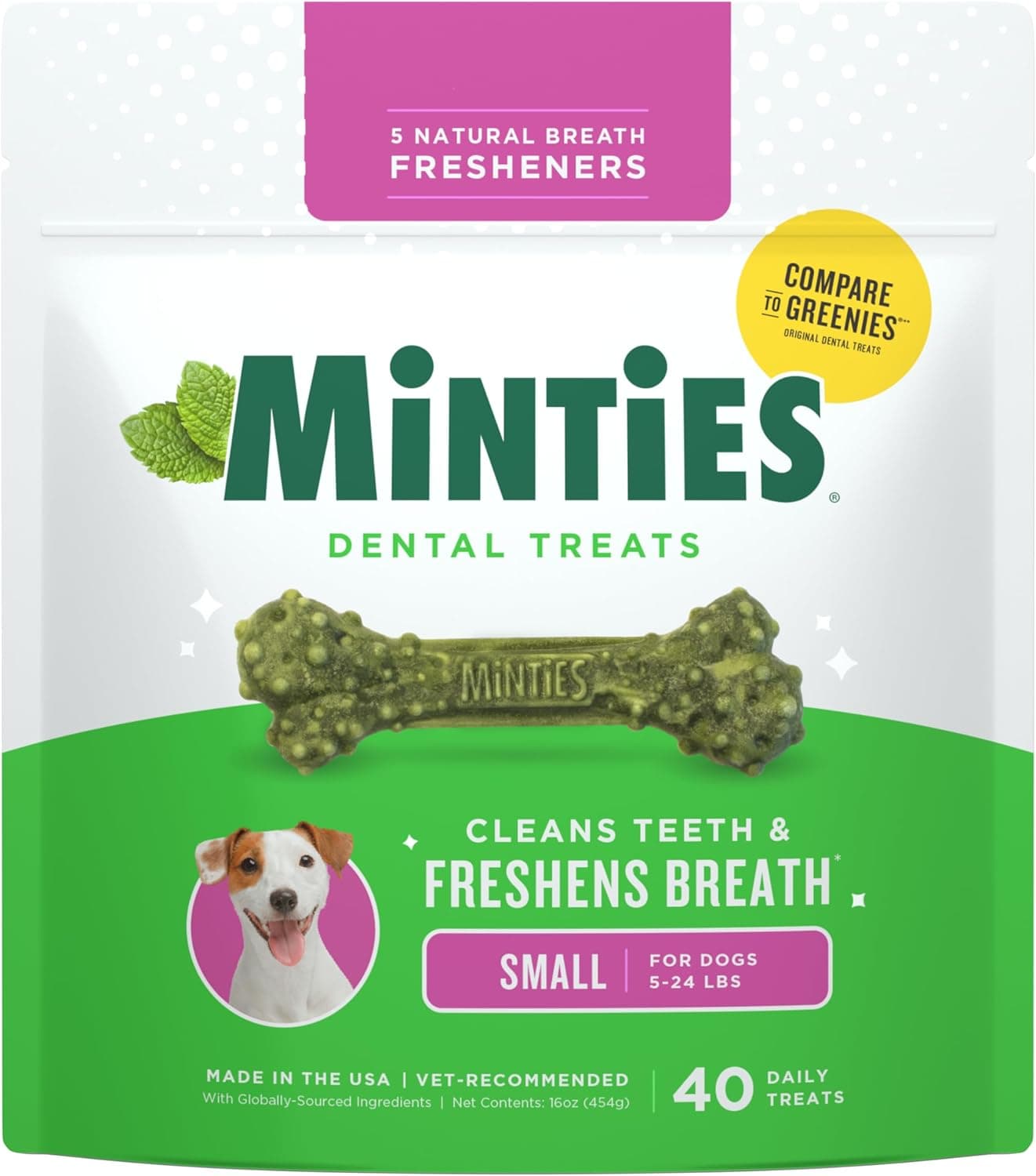 Minties Dog Dental Bone Treats, Tiny/Small Dental Dog Treats, 16 Ounces, Cleans Teeth, Fight Bad Breath, Removes Plaque and Tartar, 16 Count Small Mint 16 Ounces - Image 2