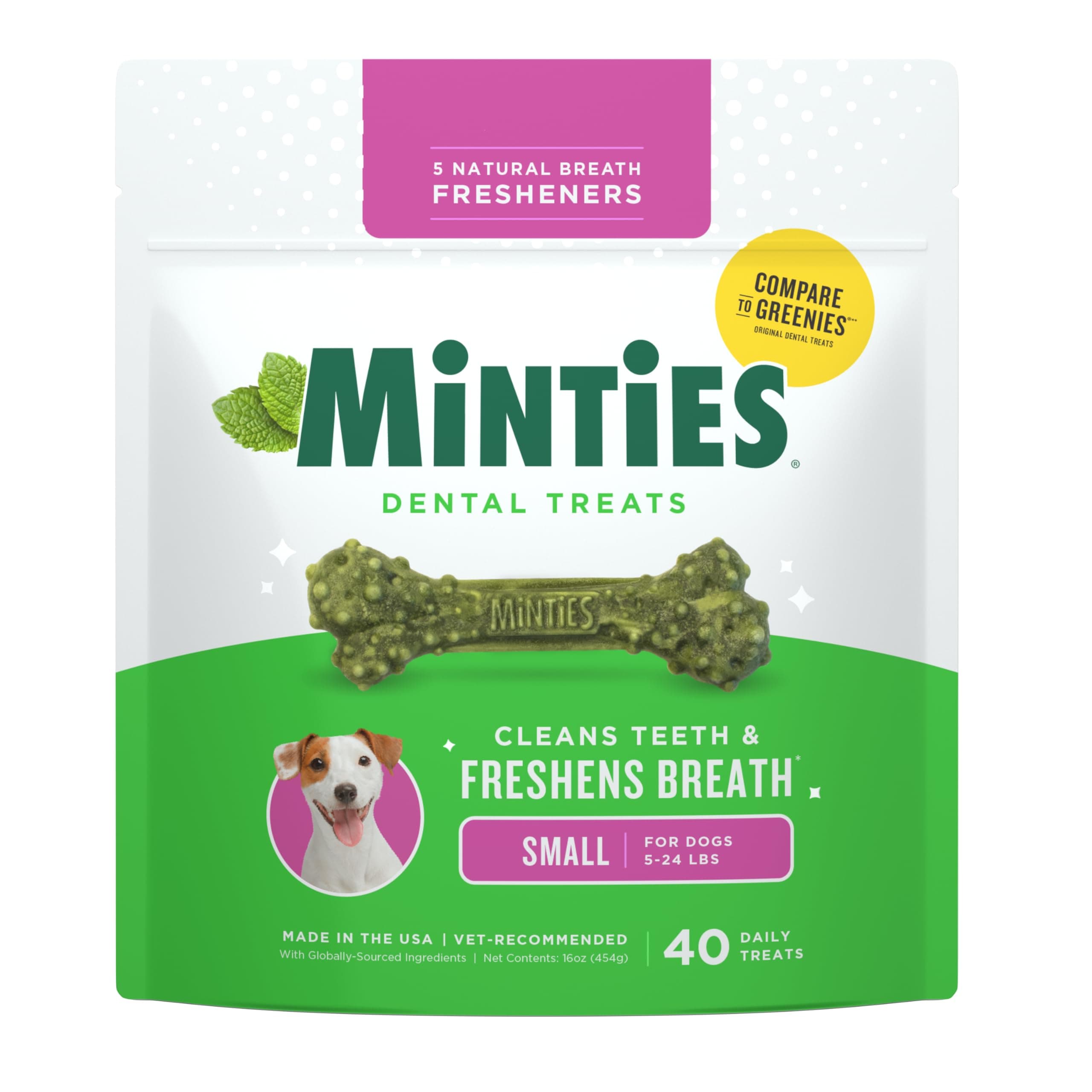 Minties Dog Dental Bone Treats, Tiny/Small Dental Dog Treats, 16 Ounces, Cleans Teeth, Fight Bad Breath, Removes Plaque and Tartar, 16 Count Small Mint 16 Ounces