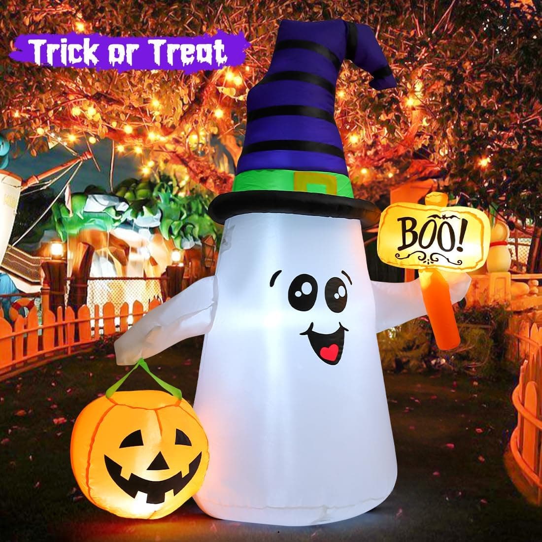 GOOSH 5 FT Halloween Inflatables Ghost Outdoor Decorations Blow Up Yard Cute Wizard Ghost with Pumpkin with Built-in LEDs for Garden Lawn Indoor Party Holiday Decor - Image 3