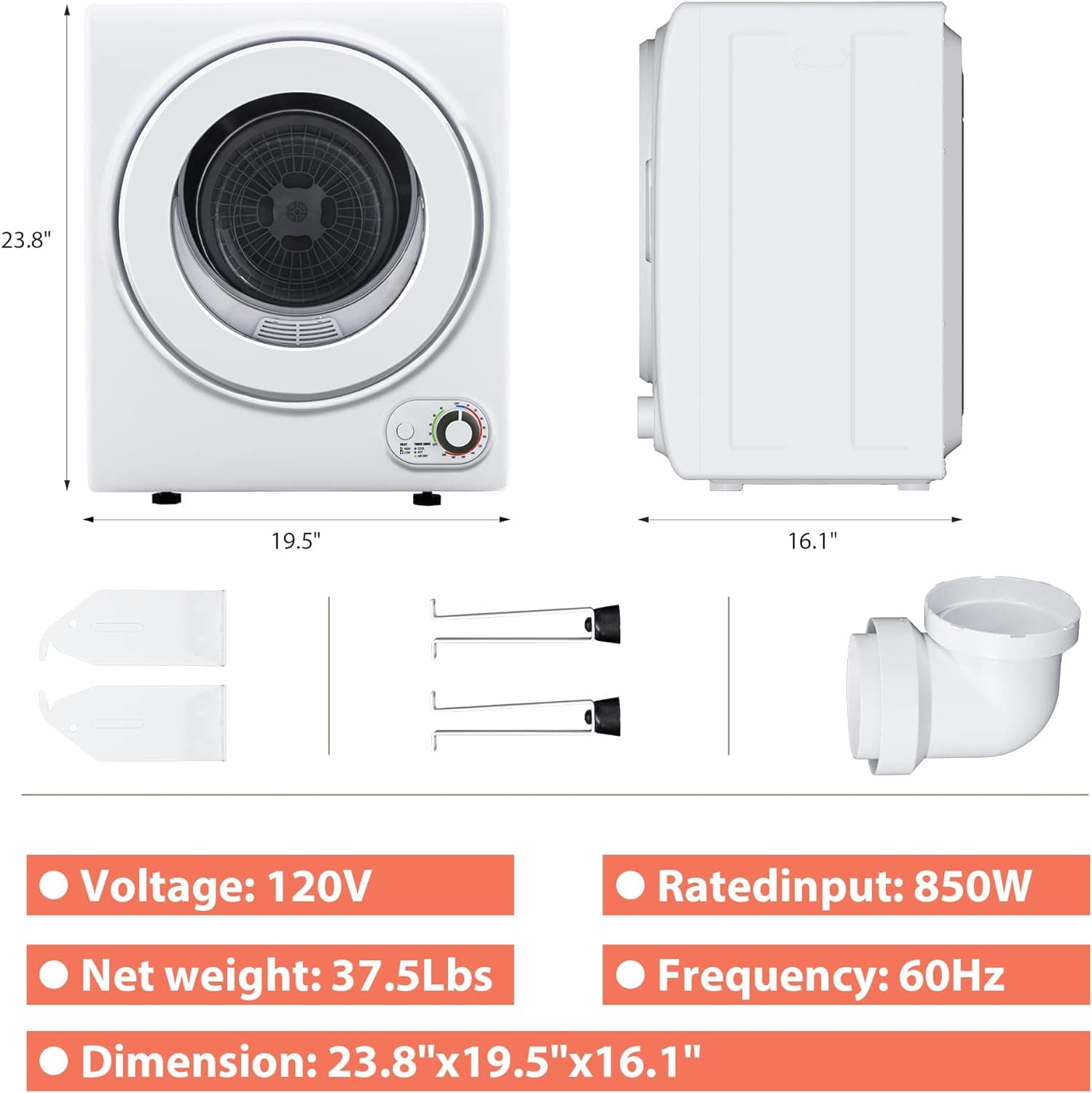 Euhomy Portable Dryer 1.5 cu. ft., 850W Powerful Clothes Dryer with Stainless Steel Drum and Exhaust Hose, Dryer Ideal for Apartments, RVs, Dorm Rooms，White 1.5 Cu.Ft. - Image 7
