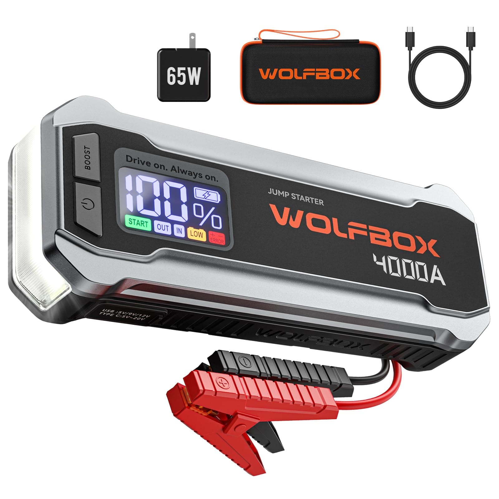 WOLFBOX 4000A Jump Starter,12V Car Battery Jumper Starter Portable with 65W Quick Charger,LED Display,88.8Wh Booster Jump Box Pack (10L Gas 10L Diesel Engine) with LED Light,Jumper Cables