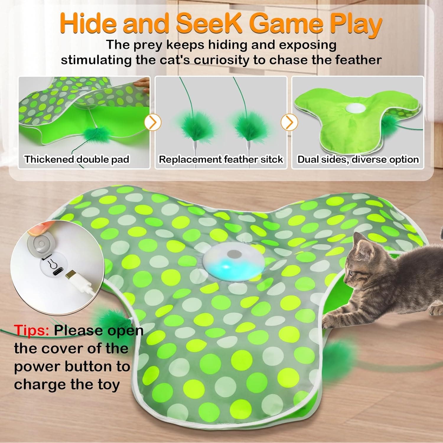 Interactive Cat Toys Rechargeable,Moving Concealed Feathers,Real Mouse Squeaky,Touch Activated Cat Kitten Toy Exercise Toys for Indoor Bored Adult Cats green - Image 3