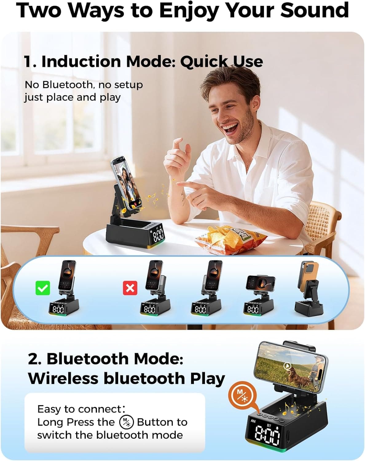Altavoz Bluetooth Regalo de Cumpleaños para Hombres: Soporte de Teléfono por Inducción Sonido HD Regalos de San Valentín para Él Ella Adulto Adolescente, Soporte Antideslizante para Teléfono Gadget de Cocina Mujeres Mamá Esposa, Papá Esposo Novio (Negro) - Image 5