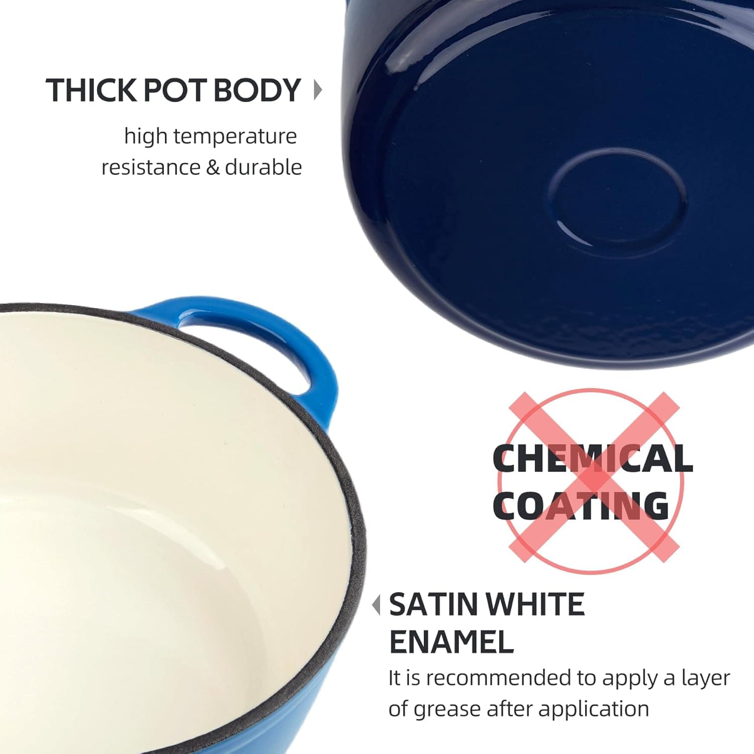 6 Quart Dutch Oven Enameled Cast Iron with Lid - Big Dual Handles - Oven Safe up to 500°F - Classic Round Pot for Versatile Cooking (Blue, 6 QT) 6 QT Blue - Image 9