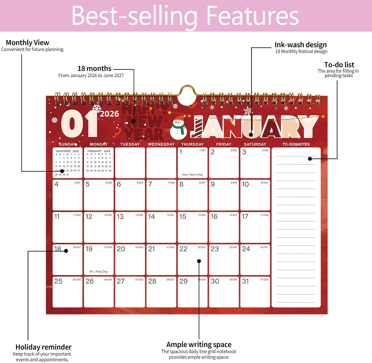 Calendario de Pared 2026-2027, Calendario 2026-2027, Calendario de Pared Mensual de 18 Meses desde Enero 2026 hasta Junio 2027, Papel Grueso de 11 x 8.5 Pulgadas, Calendario Mensual con Bloques Grandes y Rayados, para Organización Fácil en Casa o Oficina (Color A) - Image 6