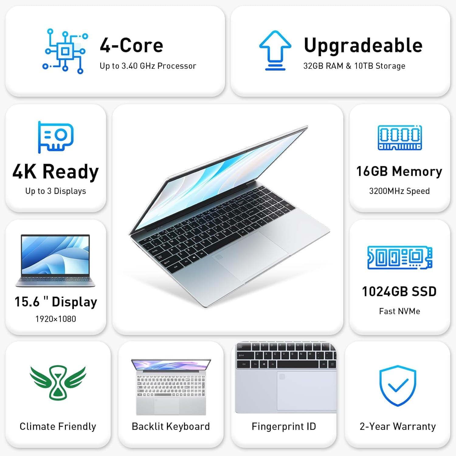 Business Laptop Computer for Work, Notebook PC for College Students, 15.6" FHD Display, 4-Core Processor, Backlit Keyboard, Fingerprint Sensor, Up to 10TB Storage, 16GB RAM, 1TB SSD, Silver 16GB RAM, 1TB SSD Silver - Image 2