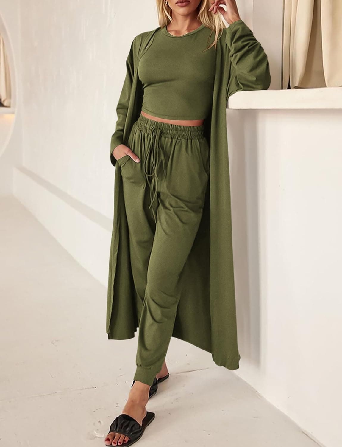 KIRUNDO 3 Piece Lounge Sets for Women Airplane Travel Outfits 2025 Fall Cardigan Sleeveless Top Pants Sets Matching Clothing Army Green X-Large - Image 5