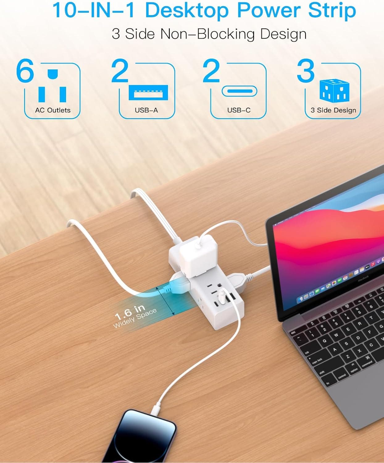 One Beat 10Ft Extension Cord with Multiple Outlets,Flat Plug Power Strip Surge Protector with 10 Ft Long Cord,6 Outlet 4 USB Ports (2USB C),Multi Outlet Wall Plug for Travel,College,Dorm Essentials White 10FT - Image 4