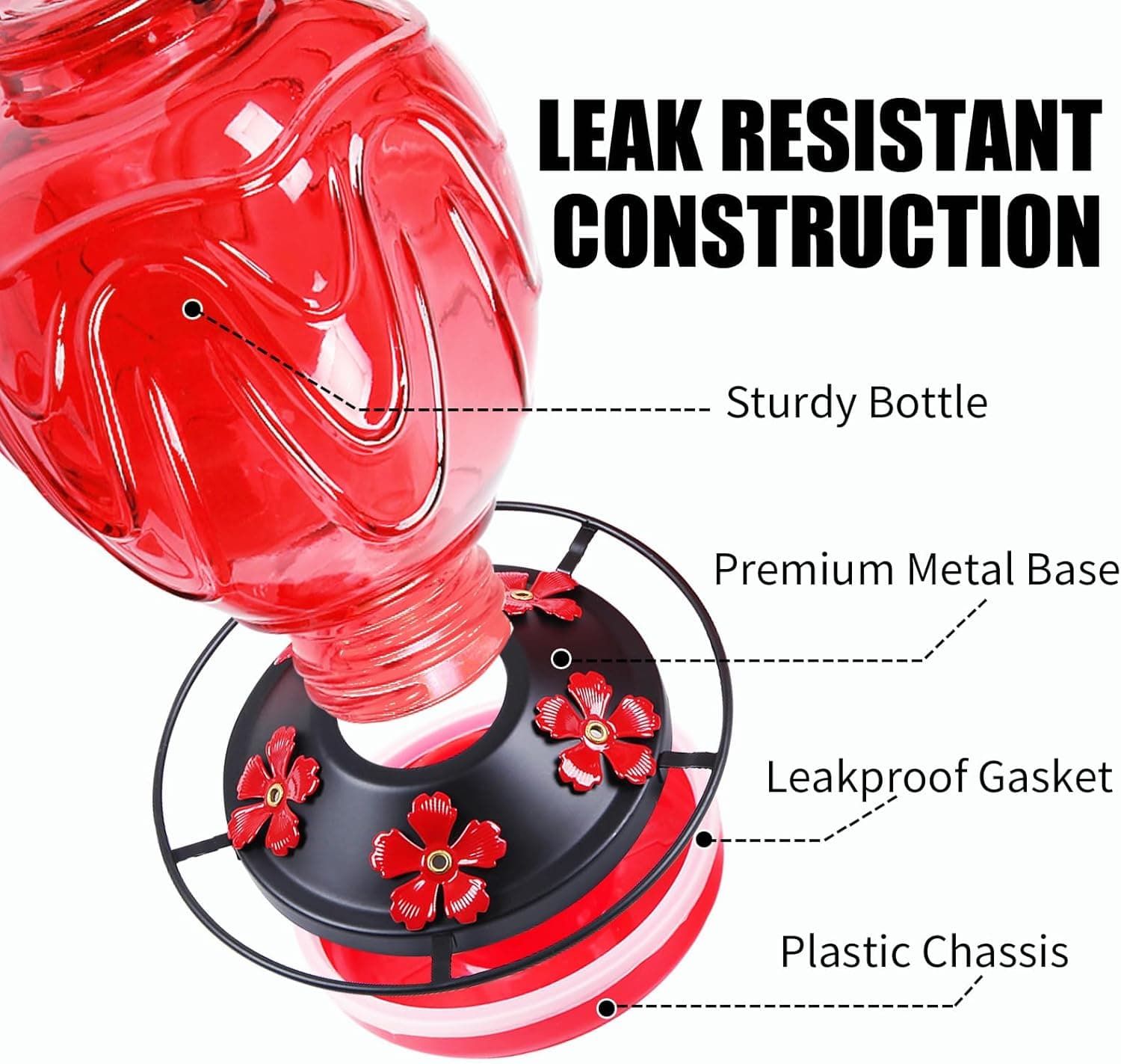 Glass Hummingbird Feeder for Outdoors Hanging, 24Ozs Humming Bird Nectar Feeder w/Perch, 5 Flower Feeding Ports, Leak Proof Base and Hook for Outside Garden Backyard Decor, Gifts for Women Mom, Red - Image 4