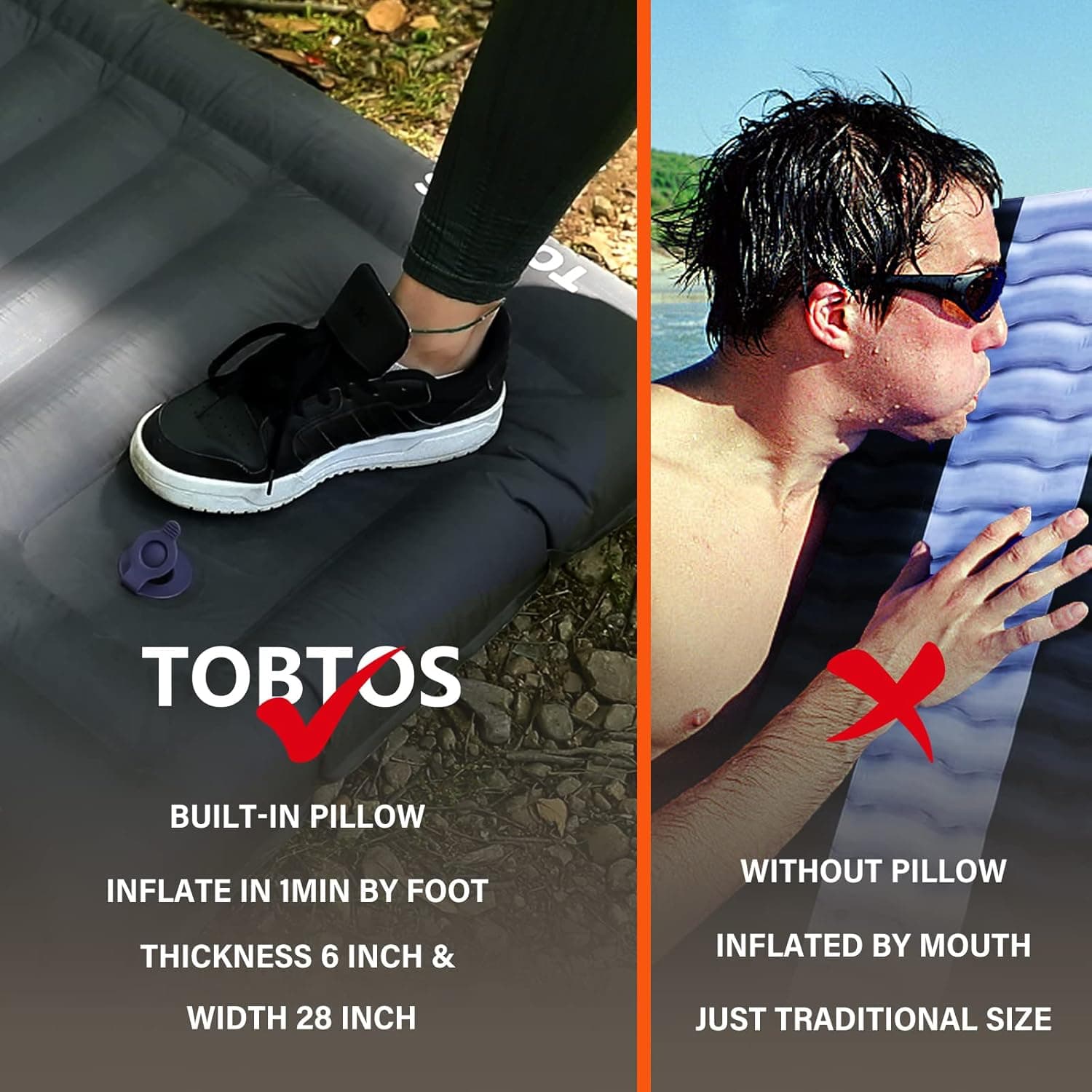 TOBTOS Inflatable Camping Sleeping Pad with Pillow, Thick 6 Inch Ultralight Sleeping Pad with Built-in Pump, Lightweight Sleeping Mat for Camping, Backpacking, Hiking, Tent (Grey) Single A-grey - Image 8