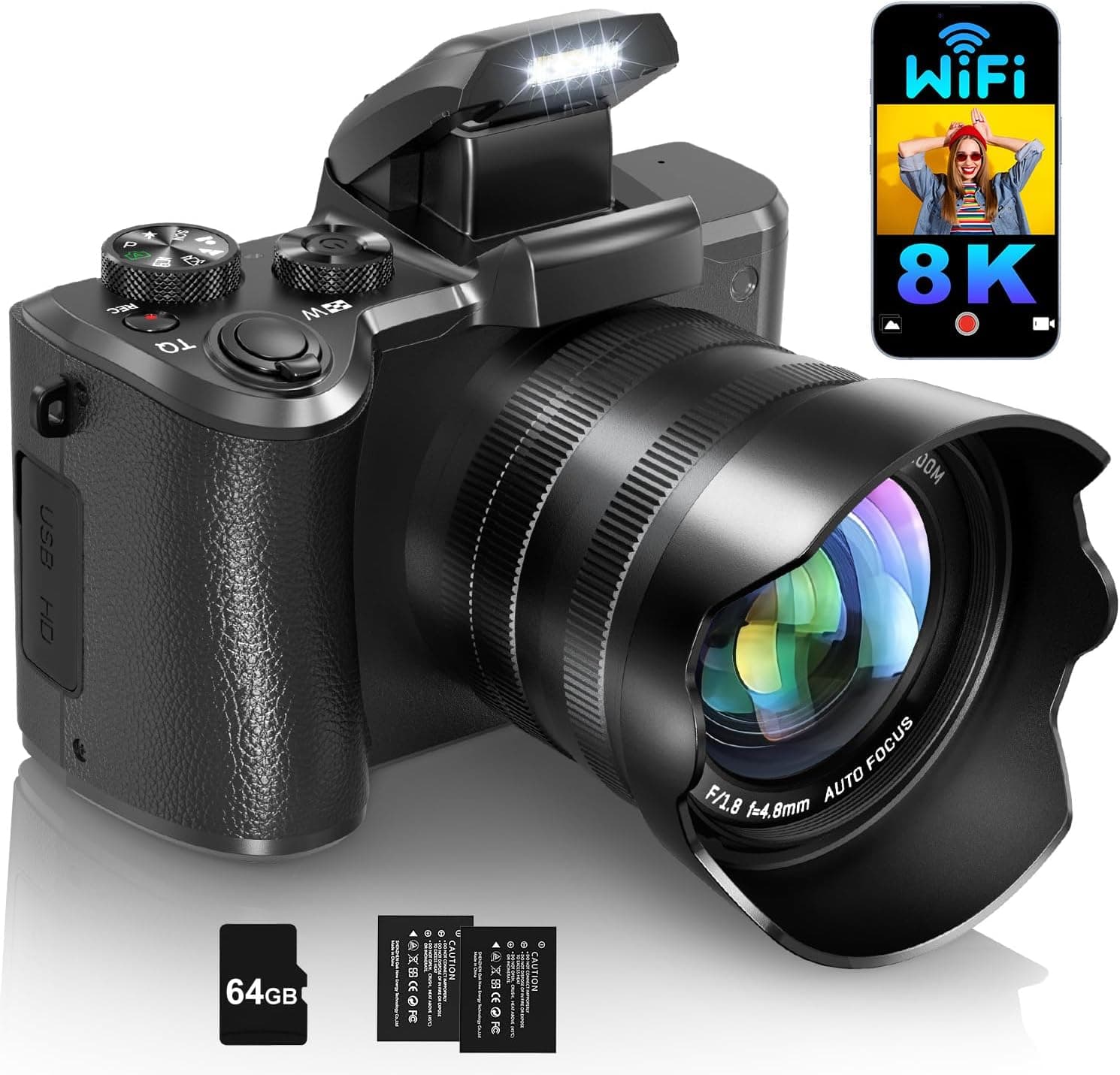 8K Digital Cameras for Photography Autofocus, WiFi 88MP Vlogging Camera with Dual-Lens, Flash, 16X Digital Zoom, Touch Screen, Travel Camera Anti-Shake with Lens Hood, 64GB Card,2 Batteries Dark Black - Image 2
