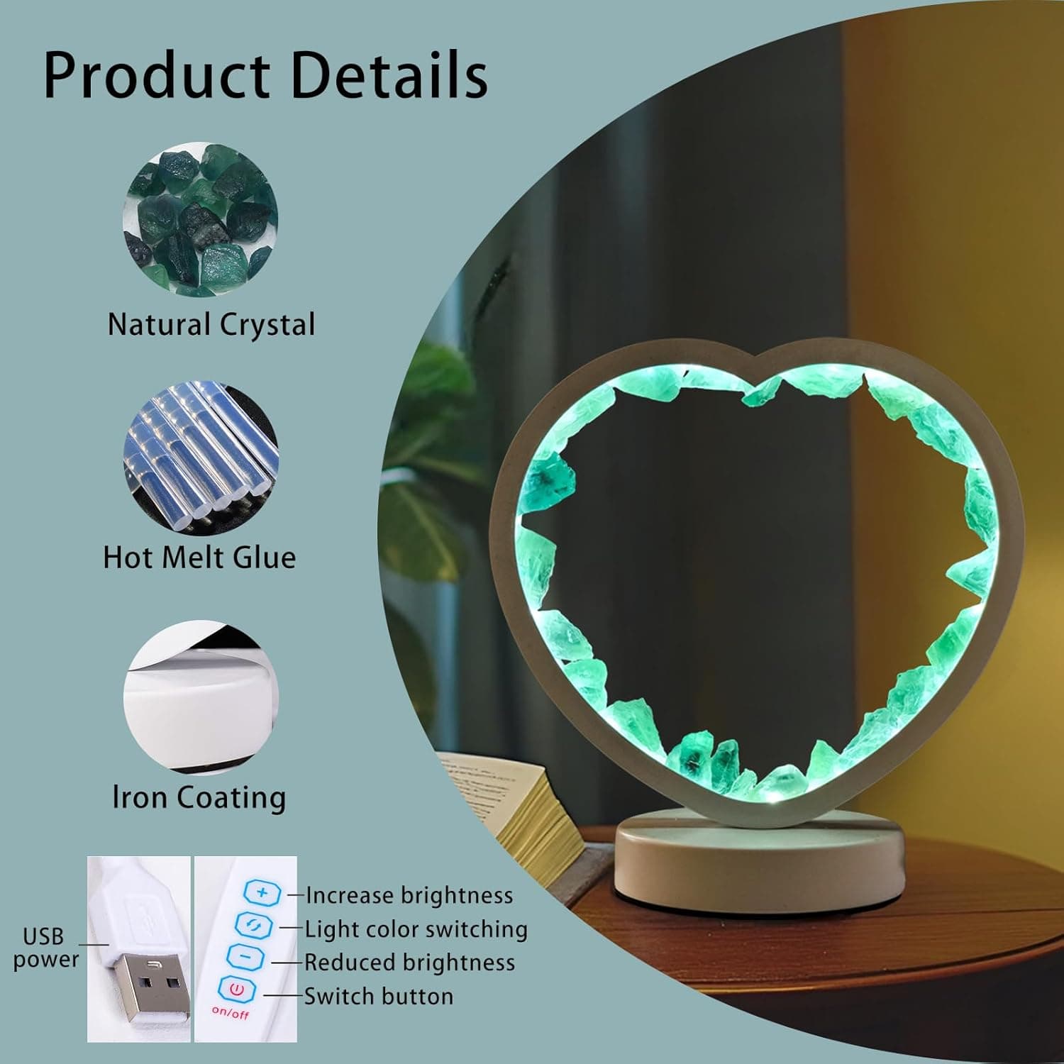 Runyangshi Natural Crystal Night Lamp Heart Shape Bedroom Bedside Sleep Night Light Healing Crystal Gemstone Green Fluorite Light Tri-Color Ambient Light USB Powered for Home Decor Mother's Day Gift Green fluorite Tri-Color light - Image 3