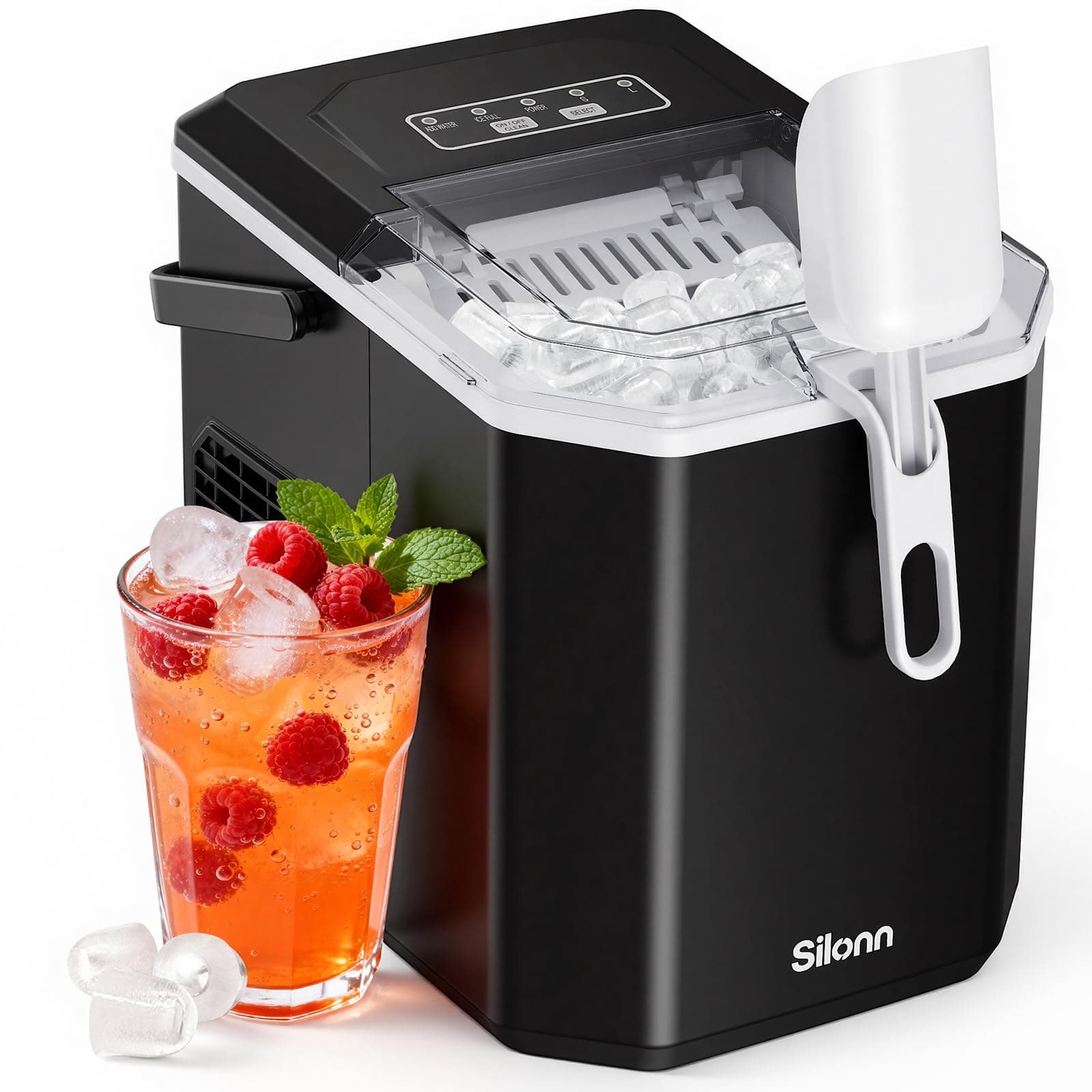 Silonn Ice Maker Countertop Machine with Handle, 26lbs in 24h, 9 Ice Cubes Ready in 6 Mins, Self-Cleaning Ice Makers with Basket and Scoop, Ideal for Home, Kitchen, Camping, RV Black-26lbs 26 lbs