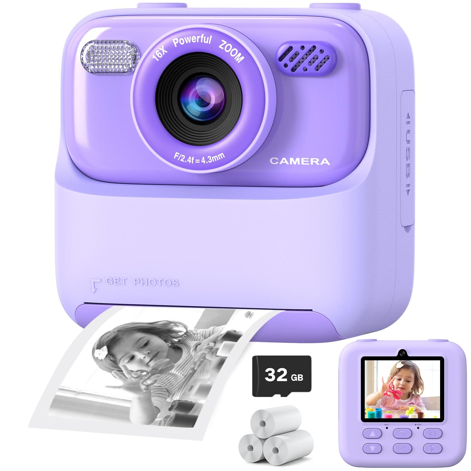 Kids Instant Digital Cameras for Boys and Girls, 1080P HD Dual-Lens Selfie Digital Camera with Print Paper & 32G Card, Christmas Birthday Gifts Toys for Toddler and Teenagers Age 3-16 Years Old Purple
