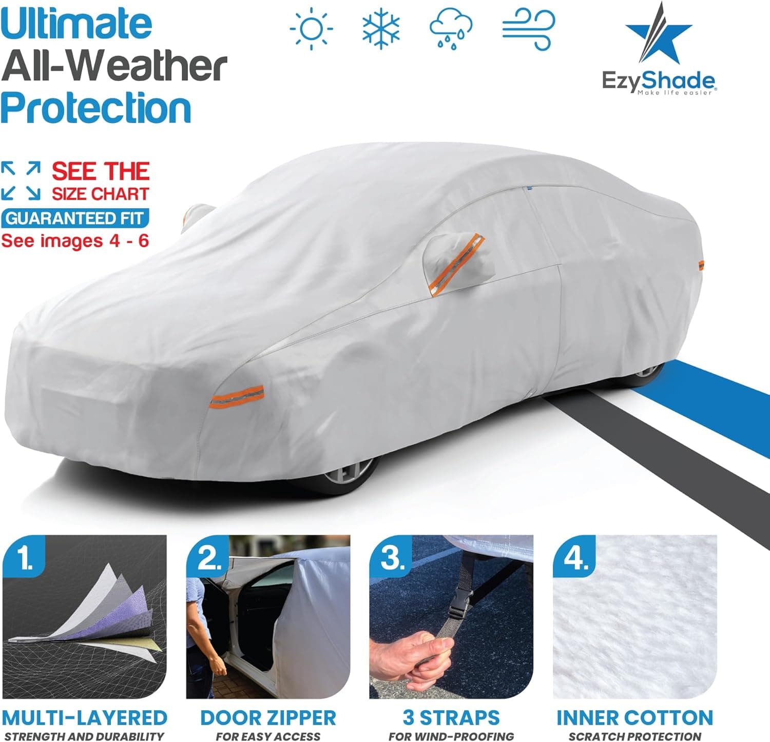 EzyShade 10-Layer Car Cover Waterproof All Weather - See Vehicle Size-Chart - Car Covers for Automobiles & Car Snow Cover - Full Exterior Covers - Winter Rain Sun SUV Sedan. Size A4 (See SizeChart) Reflective A4 - see Vehicle Size Chart - Image 2