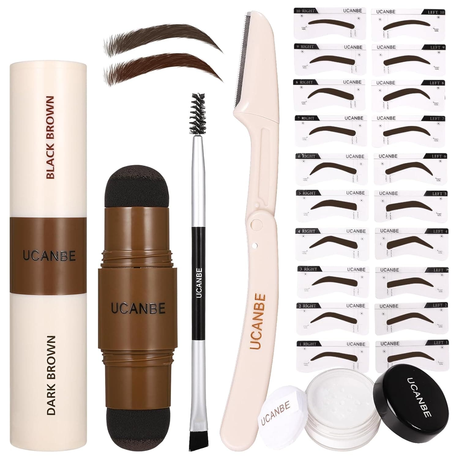 UCANBE 25PCS Eyebrow Stamp Stencil Kit With Dual-Color Eyebrow Stamp Pomade,20 Reusable Eyebrow Stencils,Finising Powder,Brush,Eyebrow Razor,Zipper Pouch,Waterproof Eye Brow Stamping and Shaping Kit04 Dark Brown+Black Brown - Image 2