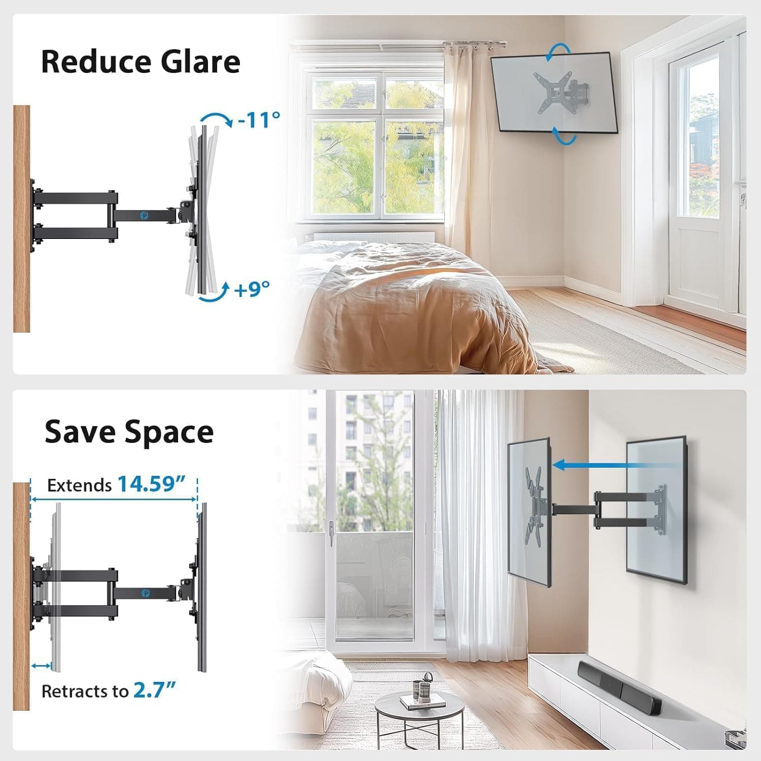 Soporte de Pared de Movimiento Completo Pipishell para Echo Show 21/15 y Televisores & Monitores de Pantalla Plana Curva de 13-43 Pulgadas, VESA Máx 200x200mm hasta 44lbs, Soporte de Pared para TV con Rotación, Inclinación y Extensión para TV de 13-43 Pulgadas sin LED - Image 5