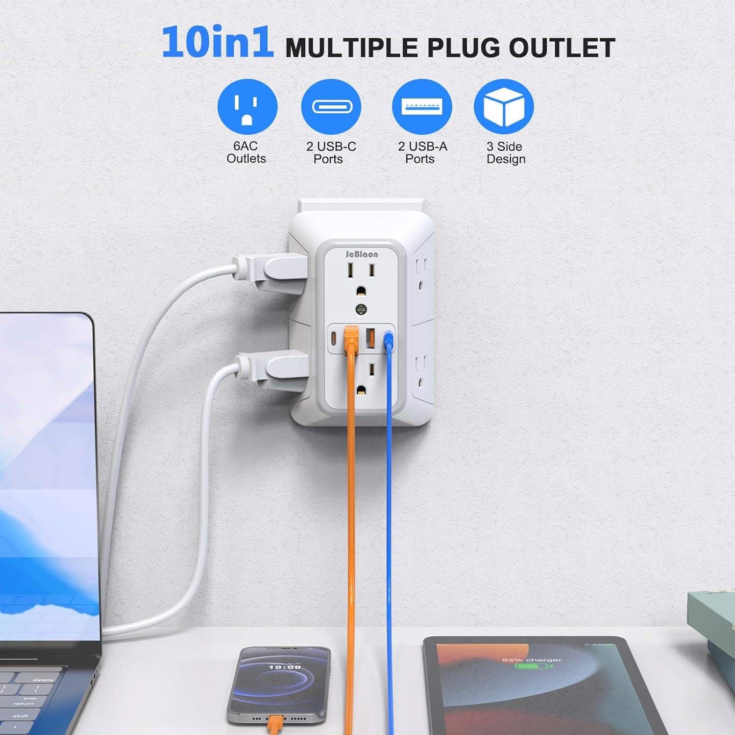 JcBlaon Outlet Extender Surge Protector - 6 Outlet Splitter with 4 USB Ports (2 USB C), Multiple Plug Expander Wall Charger, 3 Sided Multi Plug Wall Adapter Power Strip for Home Office Kitchen Travel White - Image 2