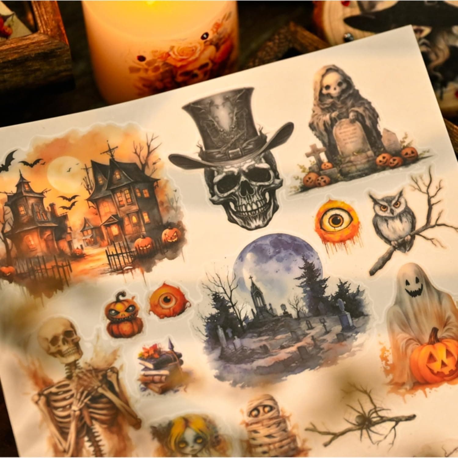 Vintage Rub On Transfer Stickers Scrapbooking Stickers Junk Journal Supplies, 3 Sheets, Gothic Designs with Skeletons, Pumpkins and Haunted Houses - Image 8