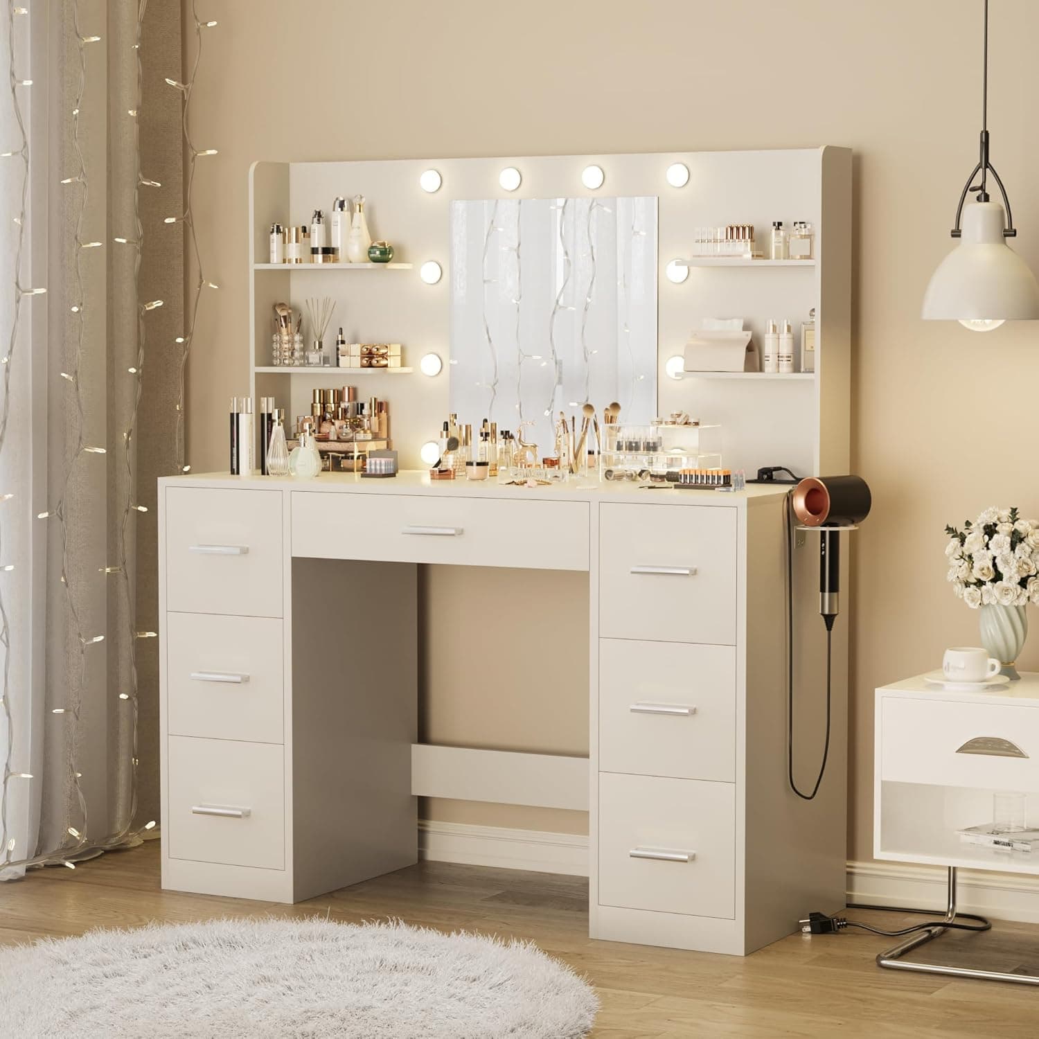 Furmax Vanity Desk with Mirror, LED Lights and Power Outlet Makeup Vanity Table with 7 Drawers and 6 Storage Shelves Dressing Table for Bedroom Dressing Room (White) - Image 3