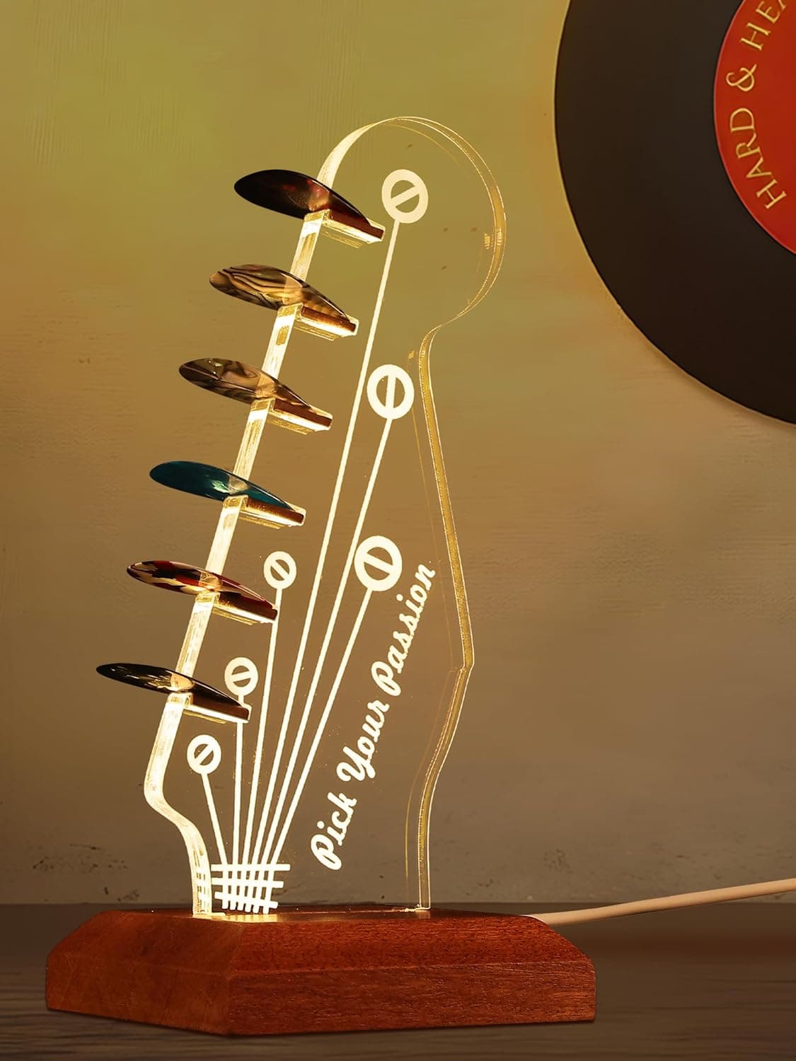 Light Up Guitar Pick Holder, Electric Guitar Headstock Shaped Acrylic & Wooden USB Powered Display Case - Guitar Accessories Gift for Players/Men (Picks Storage Organizer) - Image 9