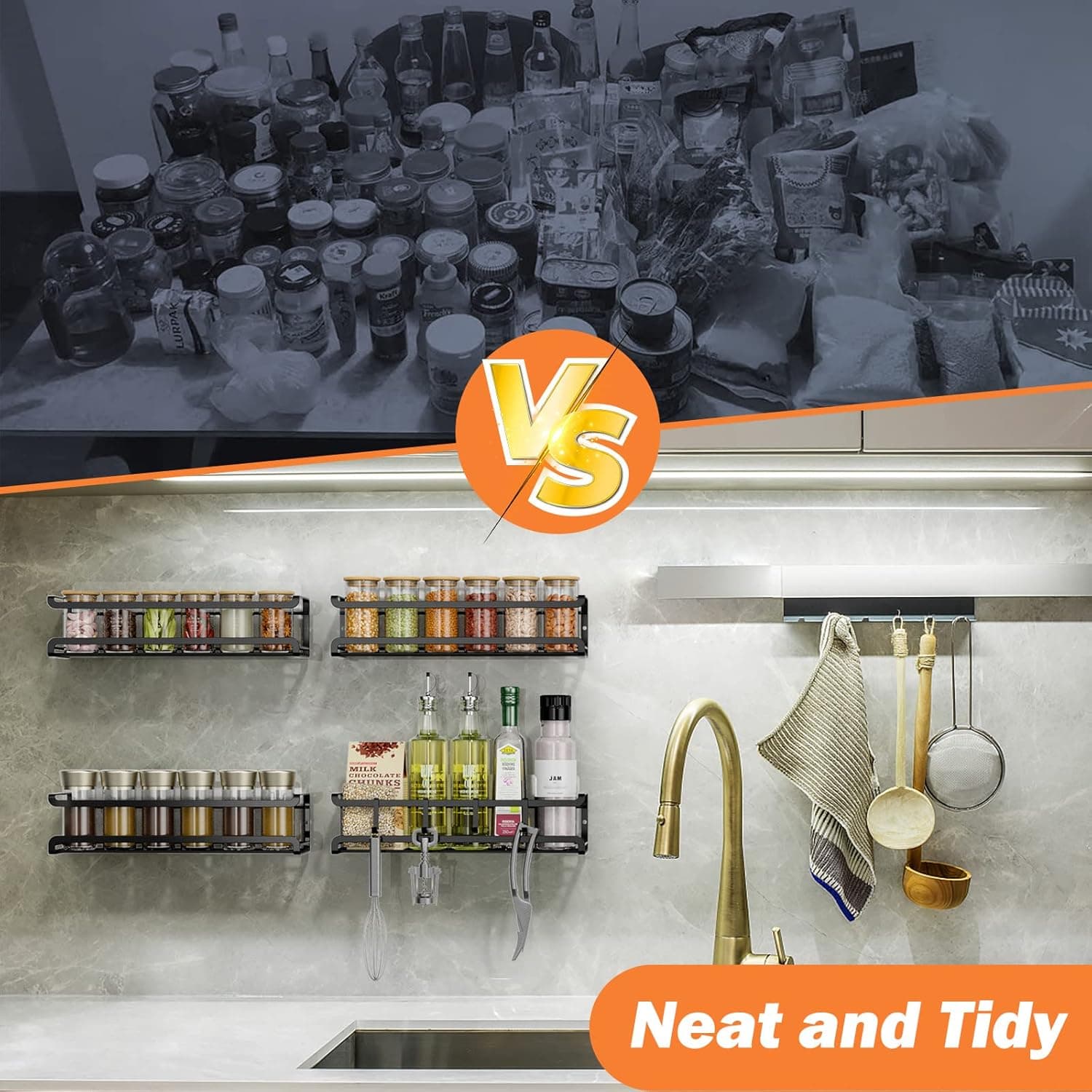 Spice Rack Wall Mounted 4 Pack,Space-Saving Spice Organizer for Spice Jars and Seasonings,Screw or Adhesive Hanging Spice Rack Organizer for Your Kitchen Cabinet,Pantry Door,11.41x2.75x2.75in 4Pack Black - Image 6