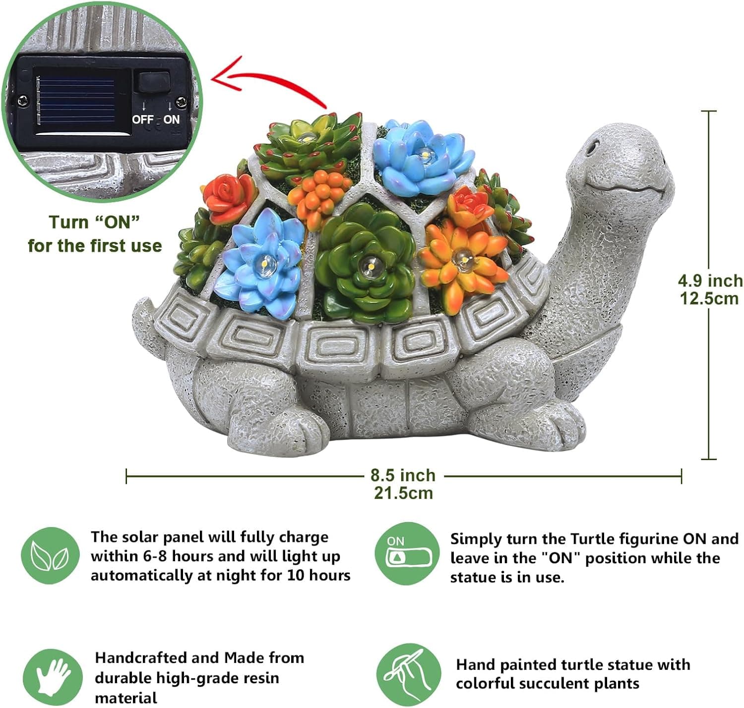 Nacome Solar Garden Outdoor Statues Turtle with Succulent and 7 LED Lights - Lawn Decor Tortoise Statue for Patio, Balcony, Yard Ornament - Chrismtas Gifts for Mom Grandma Grey Turtle - Image 5
