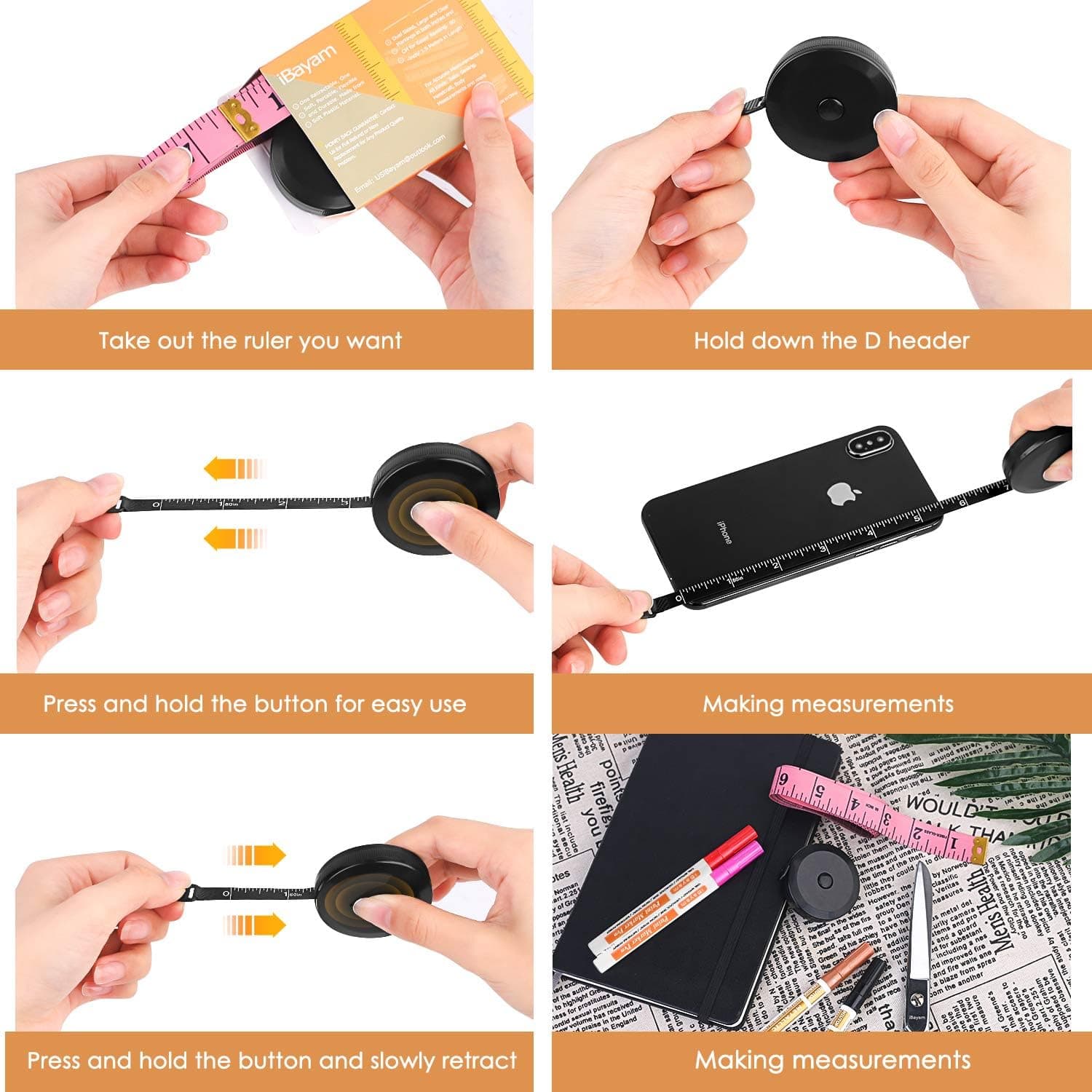 iBayam 2 Pack Tape Measure Measuring Tape for Body Fabric Sewing Tailor Cloth Knitting Vinyl Home Craft Measurements, 60-Inch Soft Fashion Pink & Retractable Black Double Scales Rulers for Body Weight - Image 5