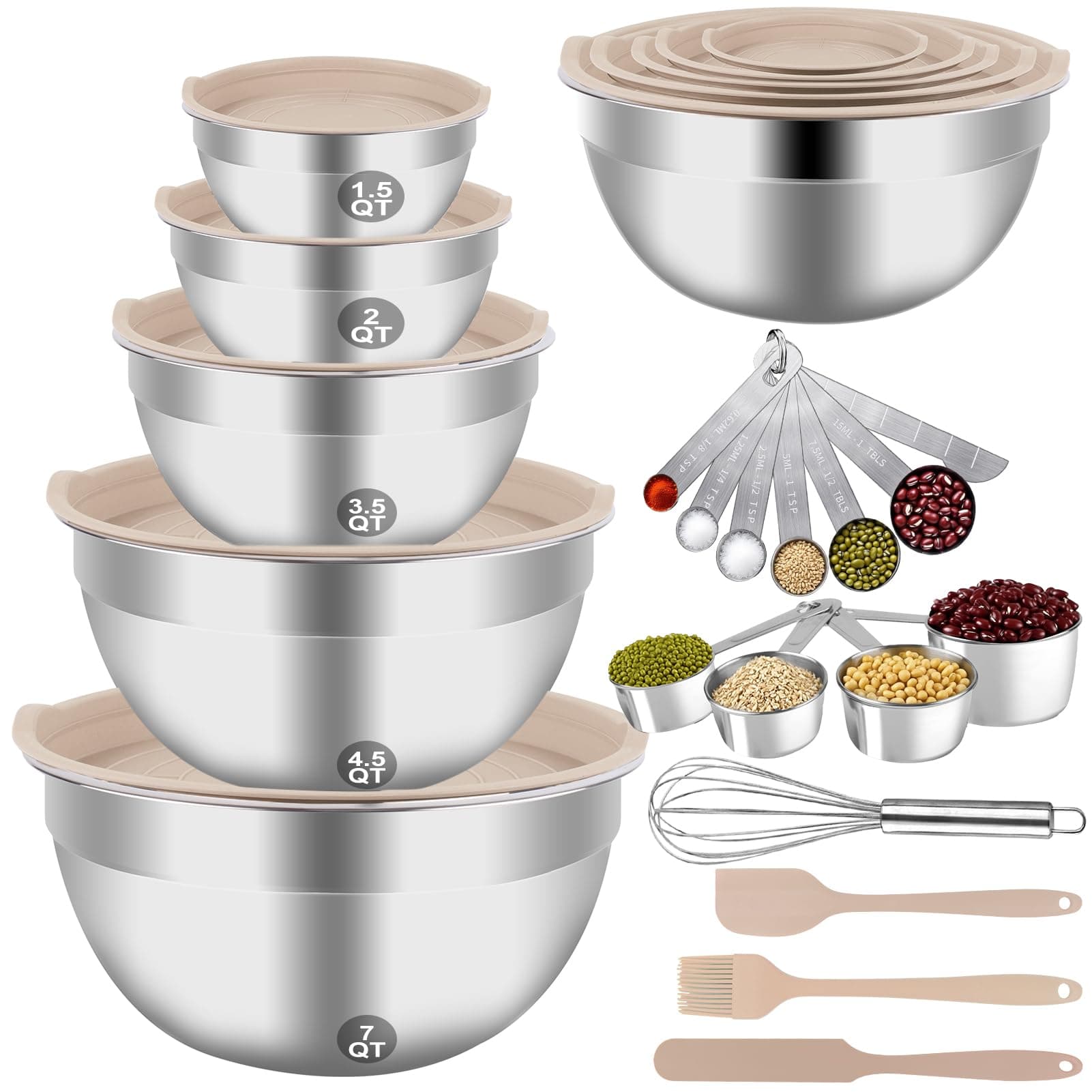 Mixing Bowls Set, 25PCS Khaki Mixing Bowls With Lids Set Stainless Steel Kitchen Large Nesting Metal Bowl 7QT to 1.5QT, Measuring Cups and Spoons for Prepping Cooking Serving Khaki Bowls Set
