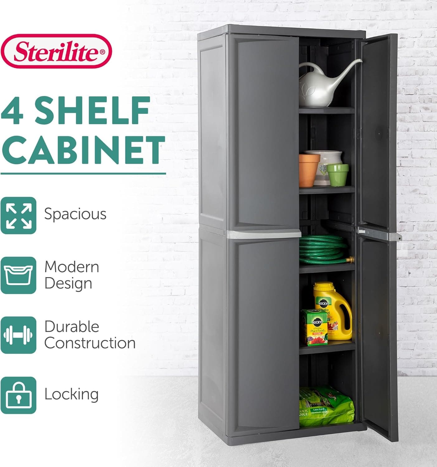 Sterilite 4 Shelf Cabinet, Lockable Utility Storage w/ Adjustable Shelves, Gray - Plastic Shelving Unit for Organizing Garage, Pantry, Basement, Laundry Room or Mudroom One Size 1 Pack - Image 5