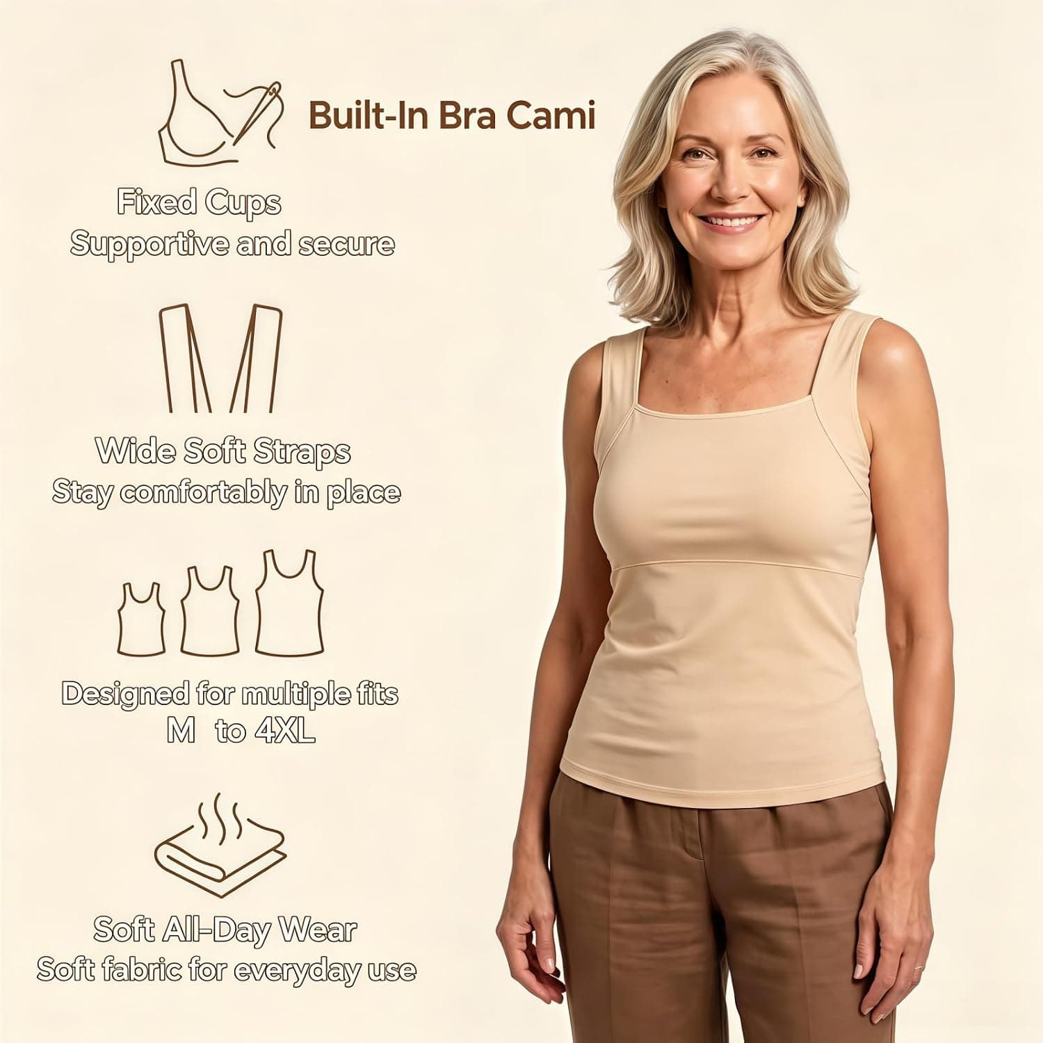 Avulea Built in Comfort Bra Tanktop, Seamless Built-in Bra Cami (Beige,X-Large) at Amazon Women’s Clothing store - Image 3