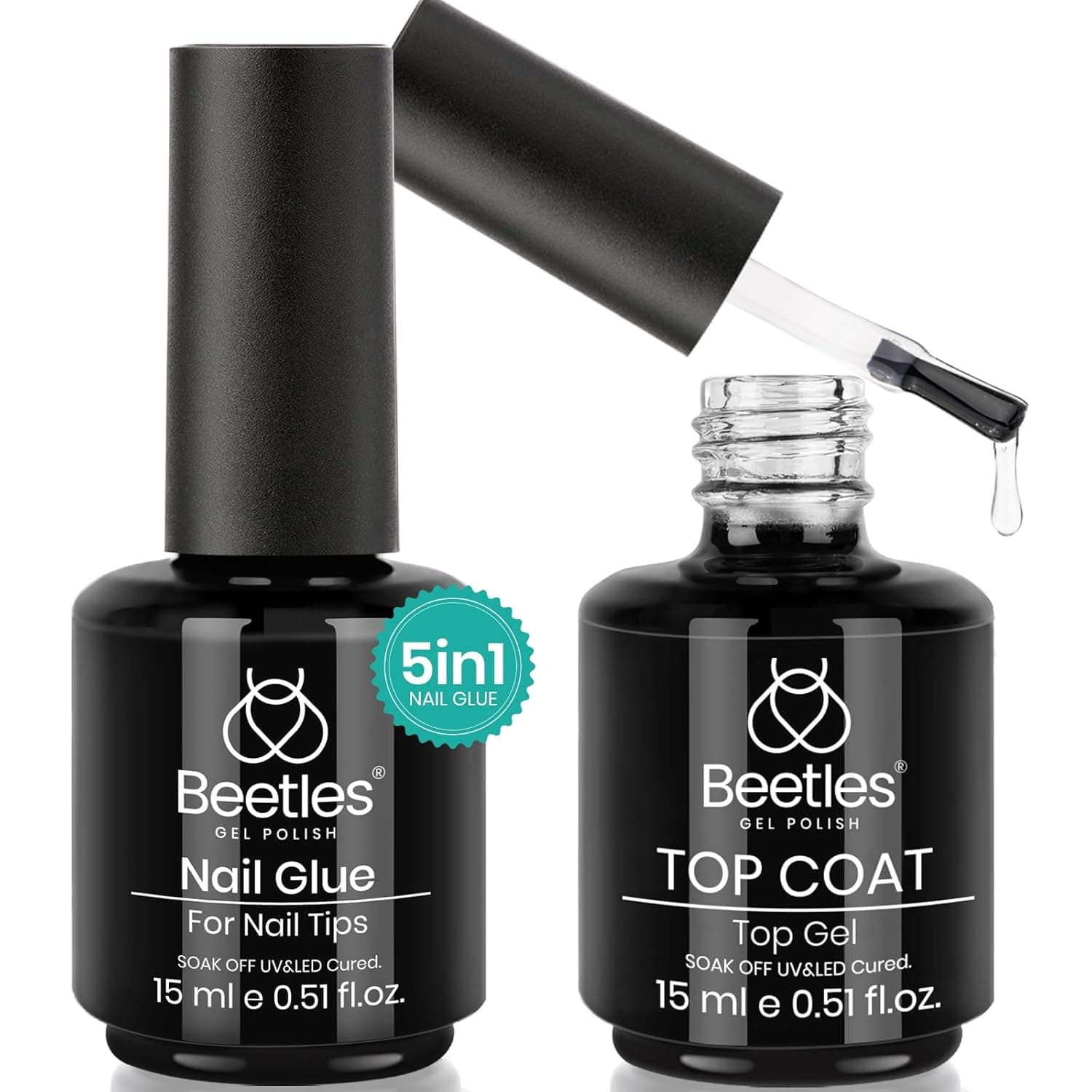 Beetles Gel Nail Glue and No Wipe Top Coat Kit, 2Pcs 15ml 5 In 1 UV Nail Glue for Acrylic Nail Tips Clear Press On Nails, Easy Nail Extension Gel, Soak Off LED Shine Finish DIY Home Manicure 0-Nail Glue and Top Coat - Image 2