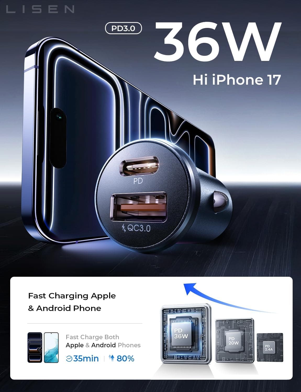 Cargador de Auto LISEN USB C, Adaptador de Cargador USB de 69W para Encendedor de Cigarrillos, Accesorios para Autos Regalos para Hombres, Adaptador de Carga Rápida Mini USBC para Autos, Enchufe Tipo C 12V, para iPhone 17 Pro Max 16 15 14 13 Negro 2 Paquete - Image 3