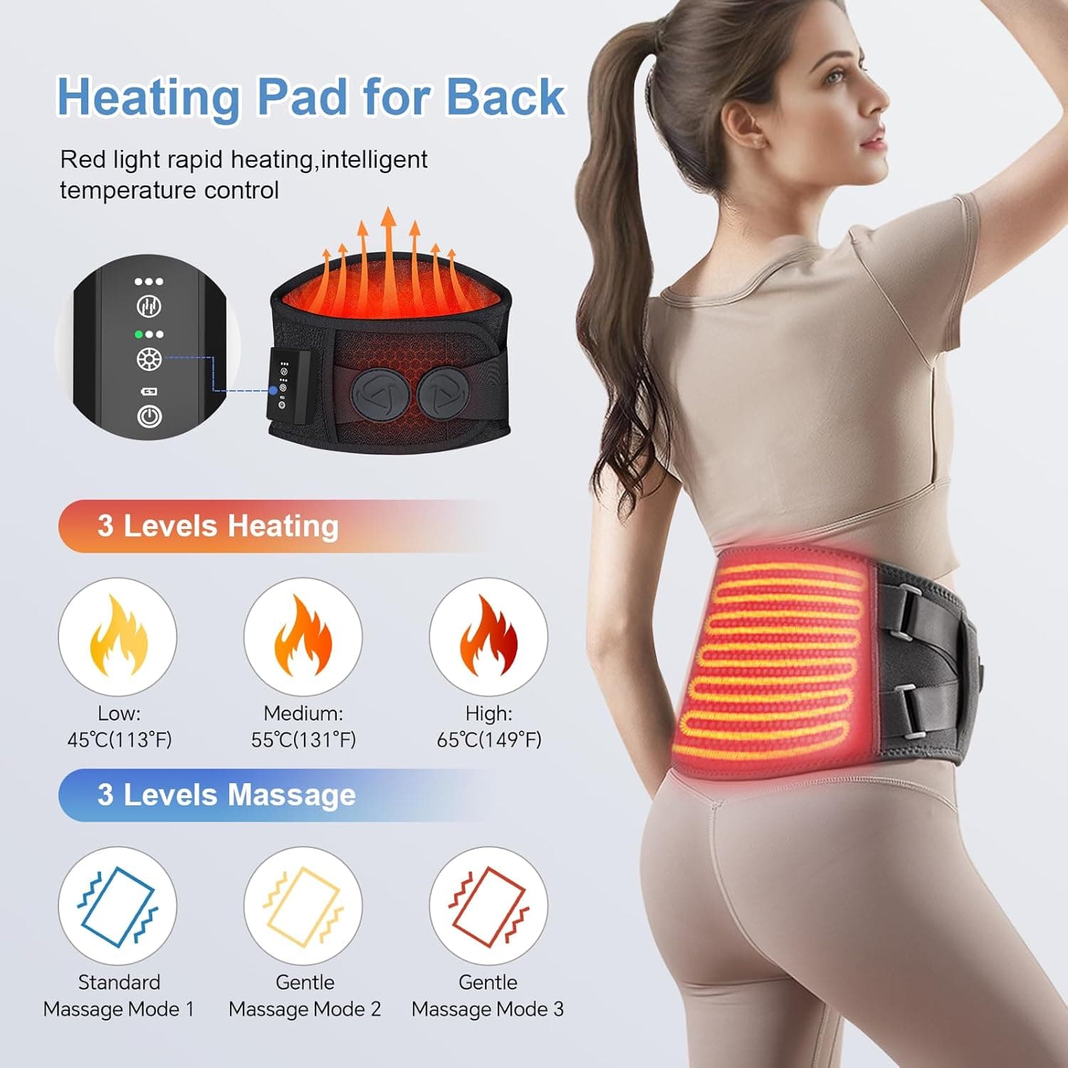 Heating Pad for Period Cramps Back Pain Relief,Electric Heating Pad for Low Back Massager,3 Heat, Black,43"x 6" +20" Extended Belt Gifts for Women/Men/Mom - Image 3