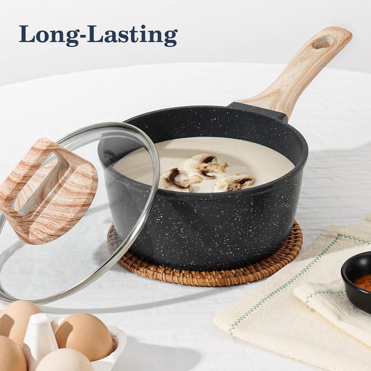 12 Pcs Pots and Pans Set, Nonstick Cookware Sets Black Granite Induction Cookware, Non-toxic Healthy Non Stick Kitchen Cooking Set with Frying Pans Set, Saucepans,Steamer (PFAS, PFOA, PFOS Free) Black 12 Pieces - Image 10