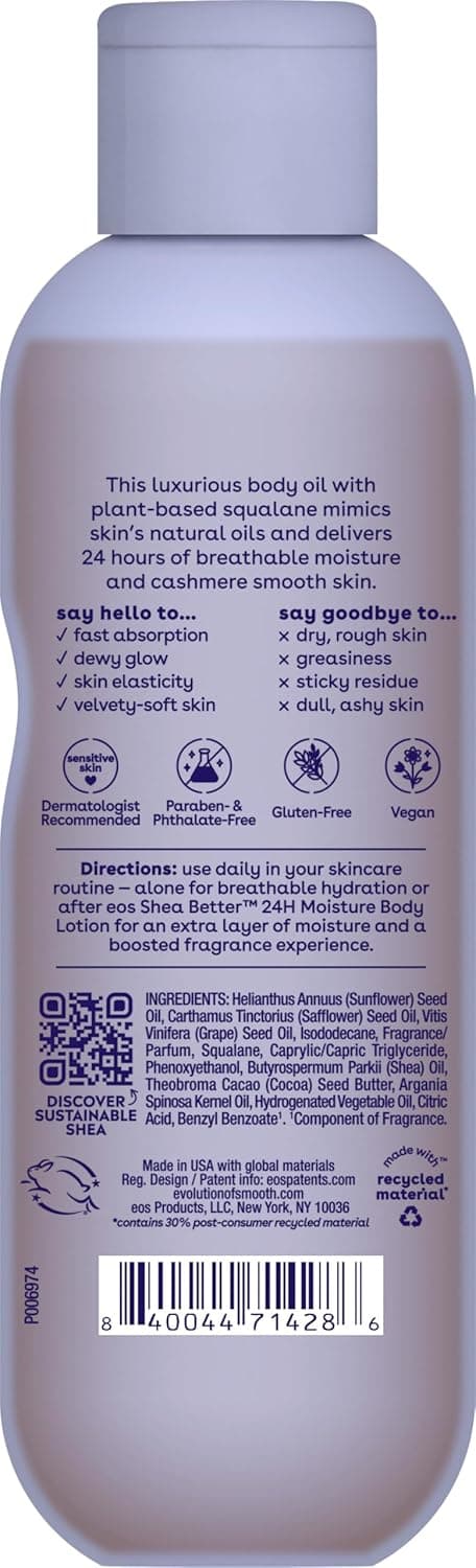 eos Cashmere Body Oil, Vanilla Cashmere, 24 Hour Moisture, Plant-Based Squalane to Soothe, Soften And Smooth Dry Skin, Body Oil, 6 fl oz - Image 10