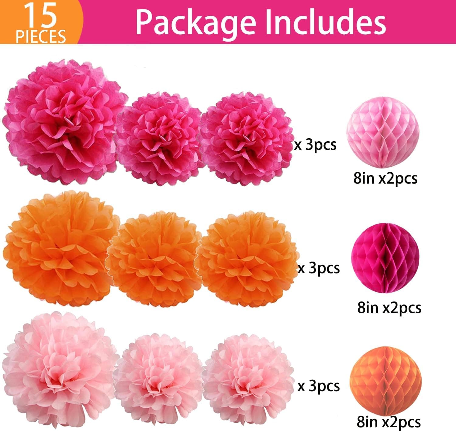 Amazon.com: 15PCS Hot Pink Orange Party Decorations Tissue Paper Flowers Pom Poms Honeycomb for Girl Groovy Birthday Baby Shower Wedding Bachelorette Summer Flamingo Party Nursery Wall Hanging Décor : Home & Kitchen - Image 3