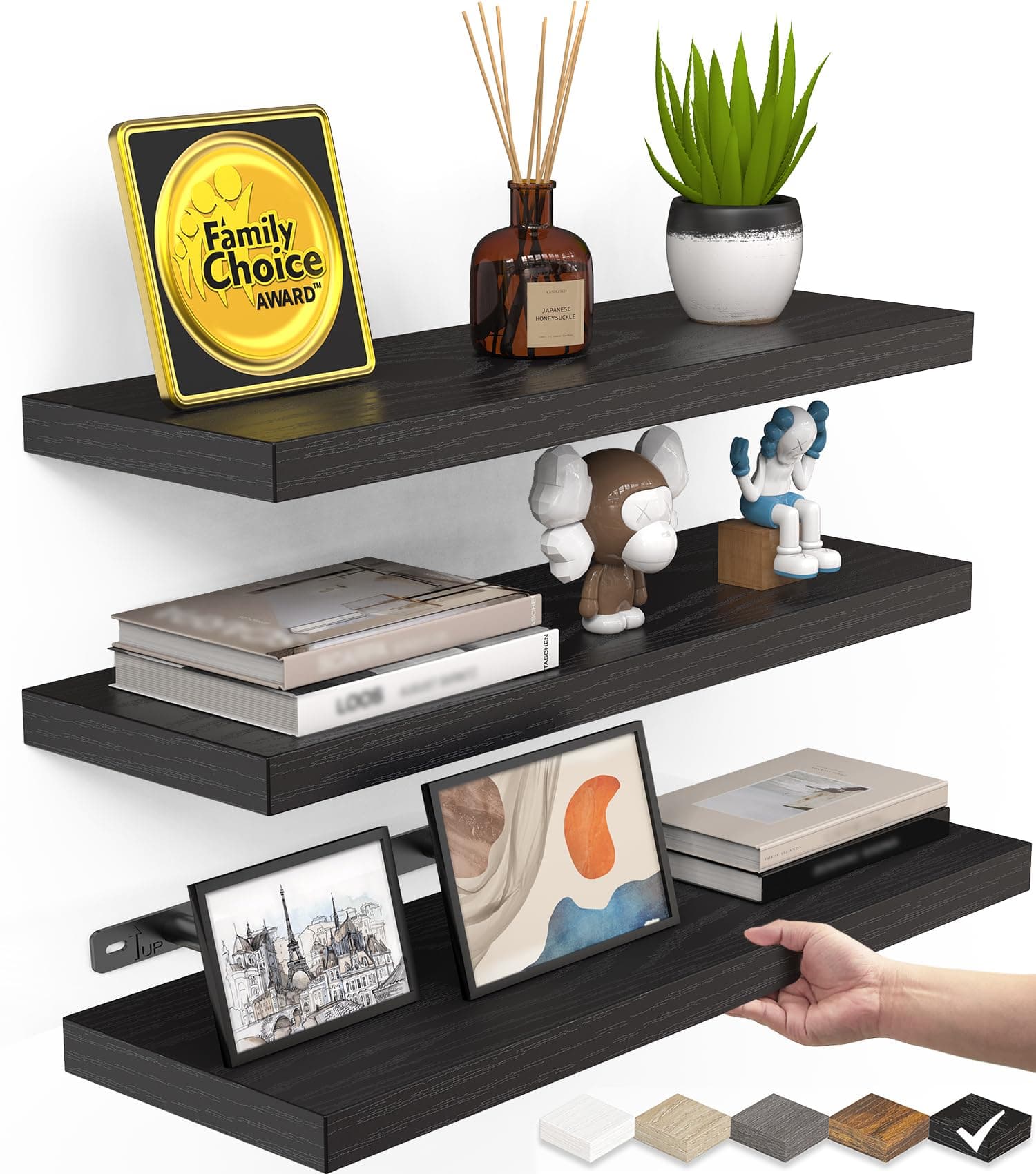BAYKA Floating Shelves for Wall, Wall Mounted Rustic Wood Shelves for Bathroom, Bedroom, Living Room, Kitchen, Hanging Shelf for Books/Storage/Room Decor with 22lbs Capacity (Black, Set of 3, 15.7in) A. Black - Universal Classic Style 3 15.7inches