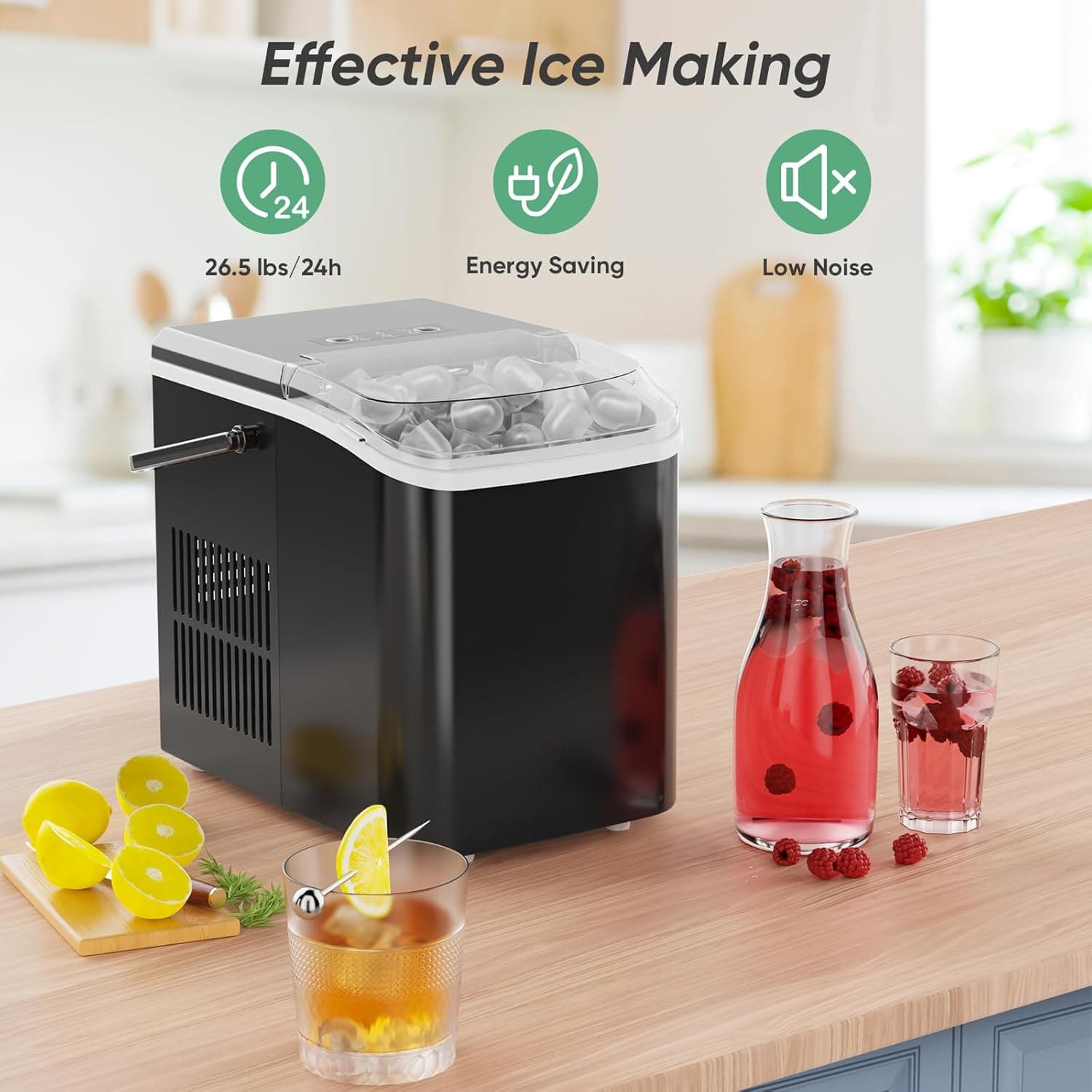 DUMOS Countertop Ice Maker with Handle, 26lbs/24H Portable Ice Machine, 9 Bullet Cubes Ready in 6 Mins, Self-Cleaning, Quiet Compact for Home, Kitchen, RV, Camping, Bright Black Bright Black Handle-26.5Lbs/24H - Image 5