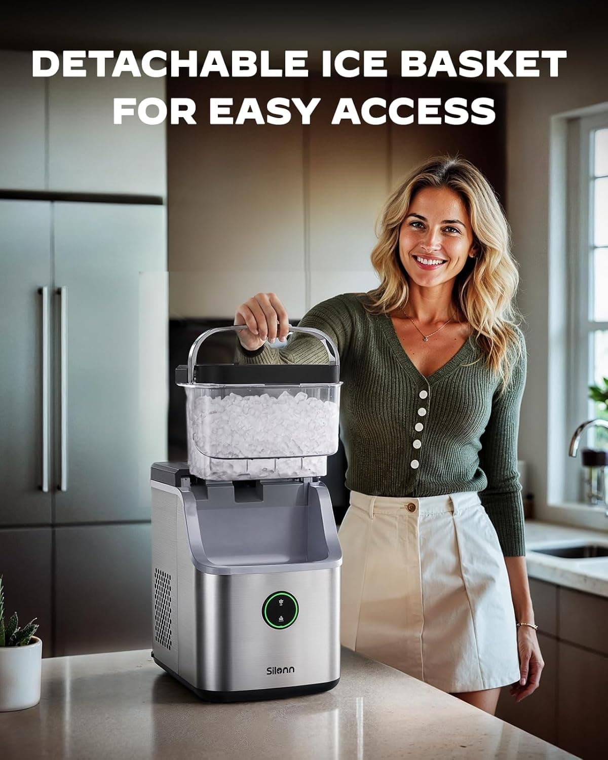 Silonn Nugget Ice Maker Countertop, Ice Basket with Handle, Quiet Operation & Self Cleaning Ice Machine, Chewable Ice, 33 lbs/24H, Portable Pellet Ice Maker with Scoop for Home, Kitchen and Office - Image 2