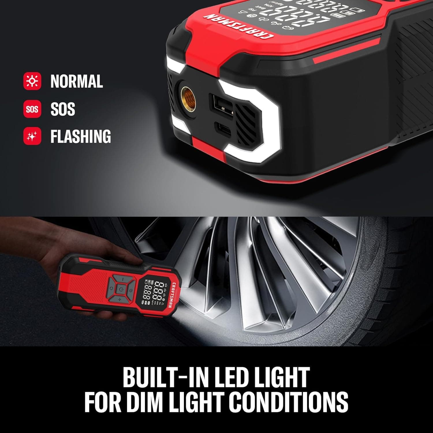 CRAFTSMAN Tire Inflator Portable Air Compressor, Cordless Mini Air Pump for Car Tires with Digital Tire Pressure Gauge, 6000mAh Battery Powered Air Pump, Max Pressure 150 PSI, 12V DC Corded - Image 5