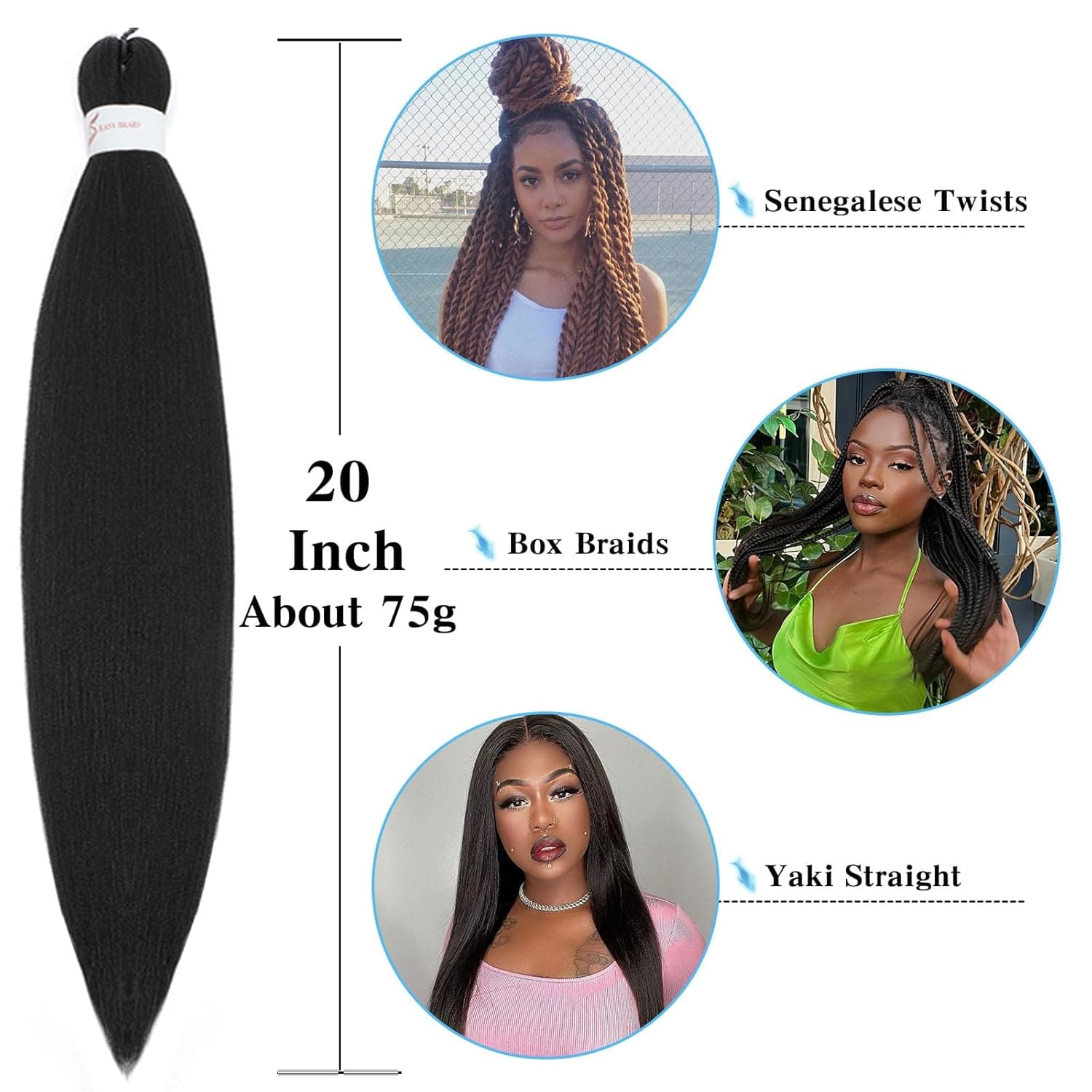 Pre Stretched Braiding Hair 20 Inch 8 Pack Long Braiding Hair Pre Stretched Hair For Braiding Hot Water Setting Soft Yaki Texture Synthetic Crochet Braids Hair For Women Girls (20Inch,1B) 20 Inch (Packs of 8) 1B - Image 5