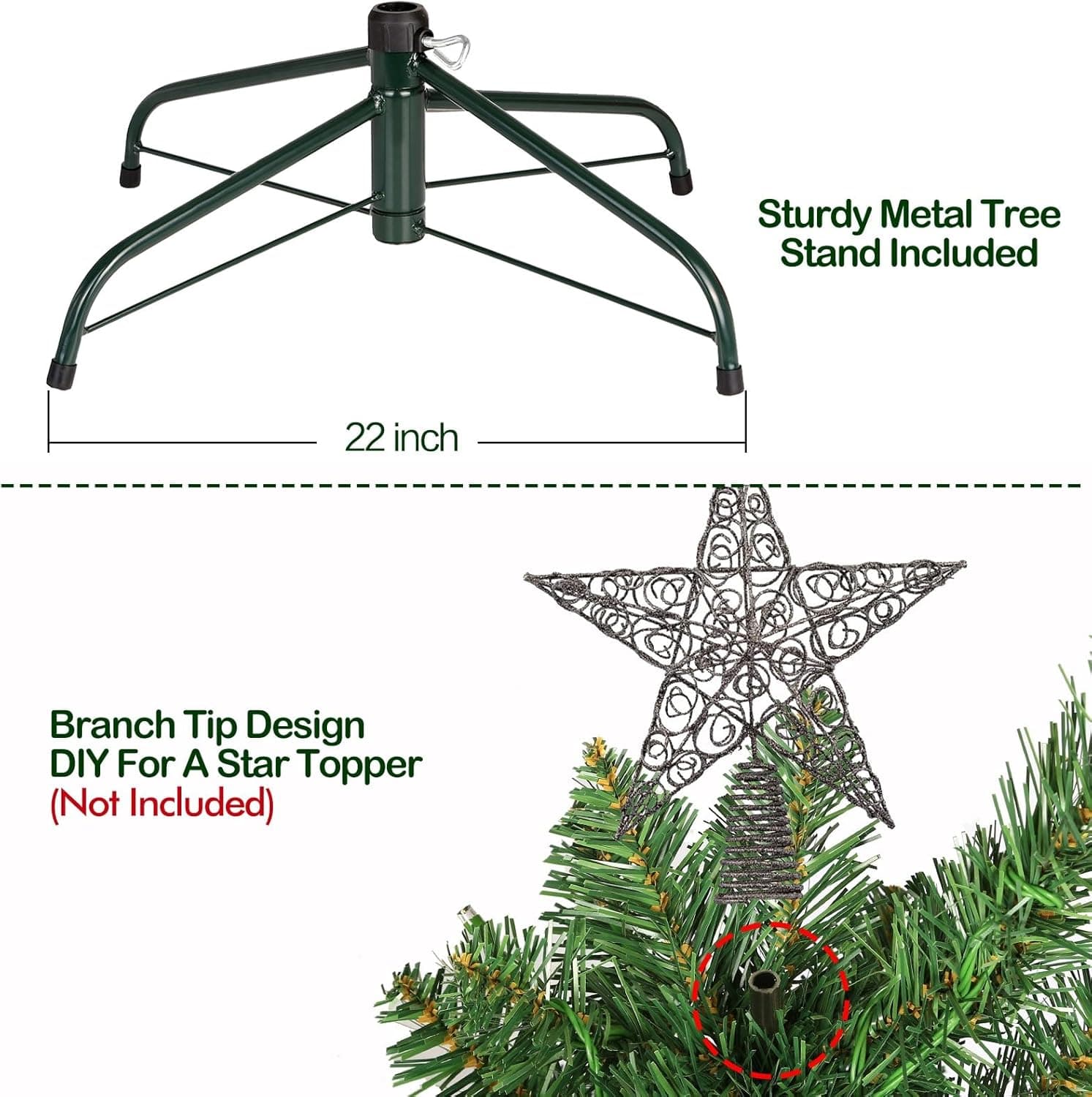 Hykolity 7.5 ft Prelit Christmas Tree, Artificial Christmas Tree with 450 Warm White Lights, 1450 Branch Tips, Metal Stand and Hinged Branches Green Warm White 7.5 ft - Image 6