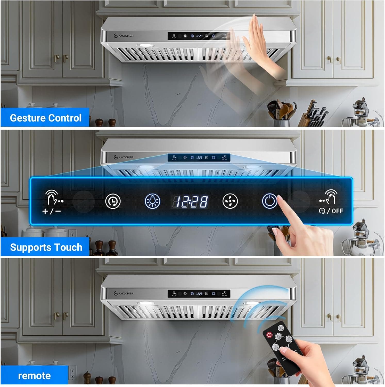 AMZCHEF Under Cabinet Range Hood 30 Inch, 750CFM Stainless Steel Kitchen Stove Vent Hood 3 Speed Exhaust Fan Touch/Remote/Gesture Control LED lights Time Setting Dishwasher-Safe Baffle Filters - Image 5