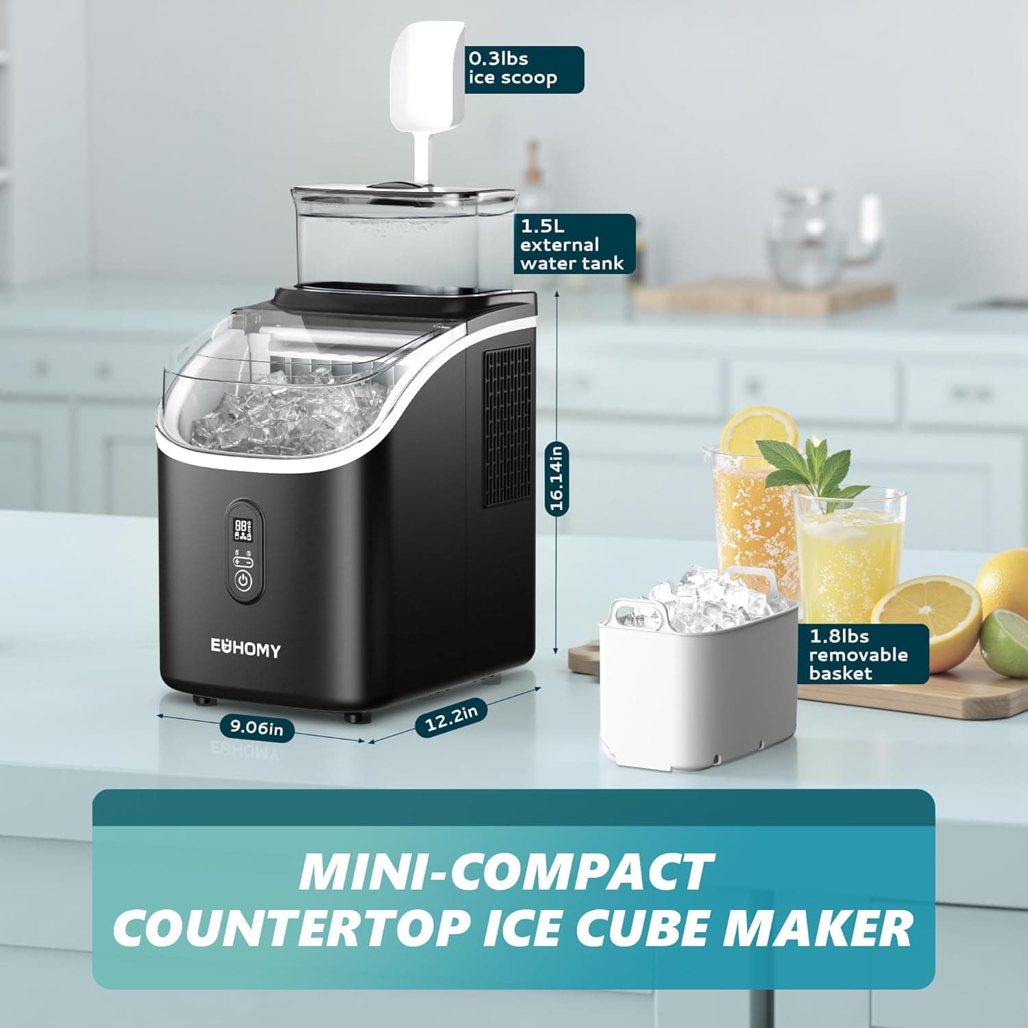 EUHOMY Ice Cube Maker Machine Countertop with External Water Tank, 2 Ways to Add Water, 34Lbs/Day, 16Pcs Ready in 7 Mins, Auto-Cleaning, with Ice Scoop & Basket, for Home/Kitchen/Office/Bar (Black) 34lbs Black - Image 8