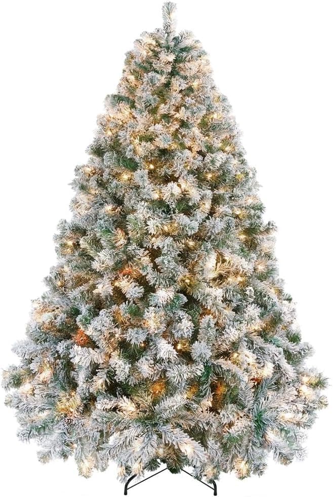 Yaheetech 6ft Snow Flocked Pre-lit Christmas Tree with 250 Warm White Lights, 820 Lush Branch Tips & Quick-Assembly Hinged Design, Full Artificial Xmas Tree for Winter Holiday Décor, Green & White 6ft Green & White - Image 2