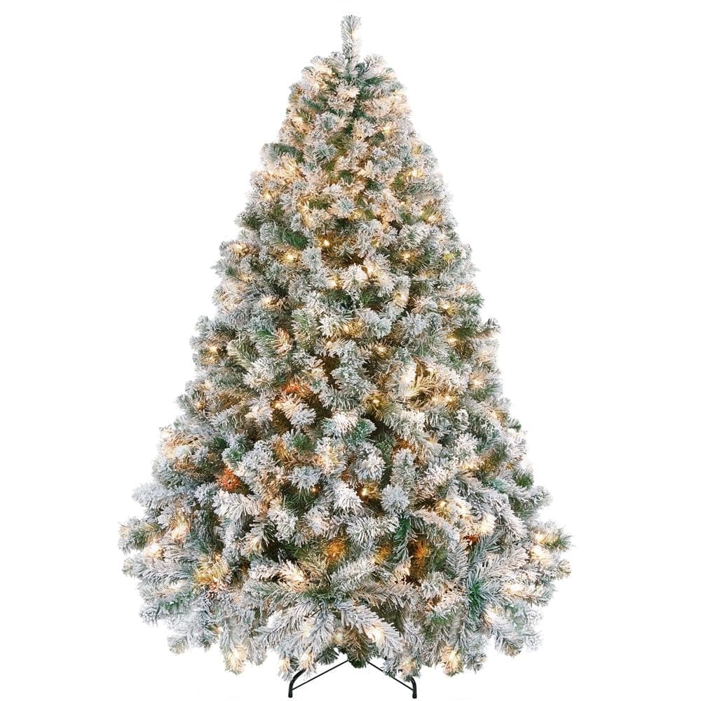 Yaheetech 6ft Snow Flocked Pre-lit Christmas Tree with 250 Warm White Lights, 820 Lush Branch Tips & Quick-Assembly Hinged Design, Full Artificial Xmas Tree for Winter Holiday Décor, Green & White 6ft Green & White